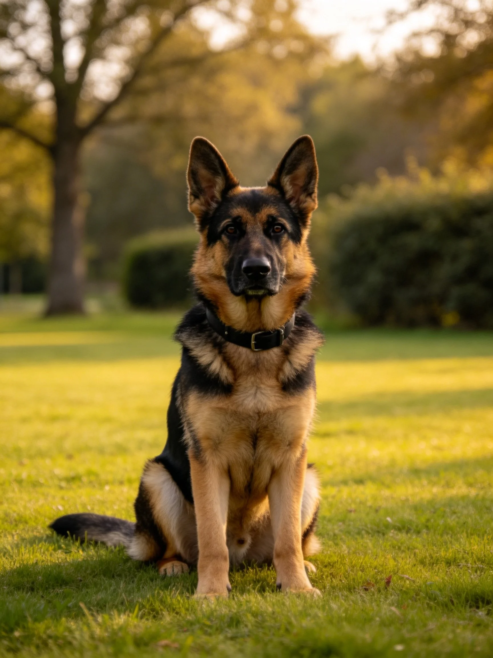 A German Shepherd dog sits on grass in a sunlit outdoor area with trees and bushes