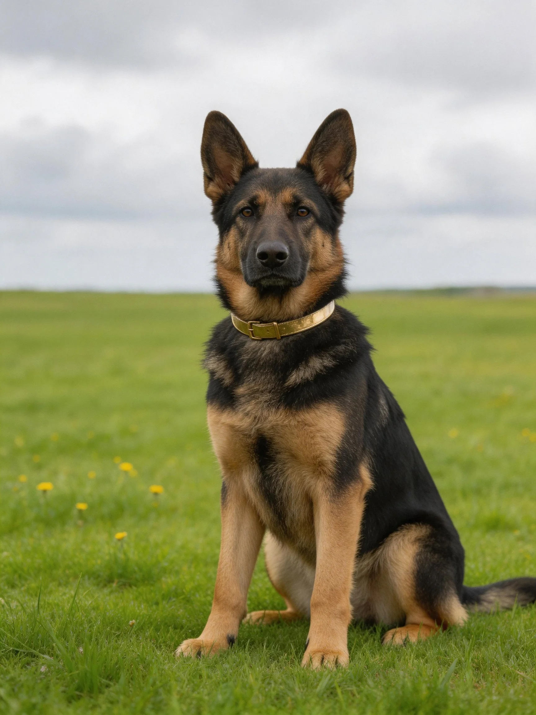 A German Shepherd dog sits calmly on a grassy field.