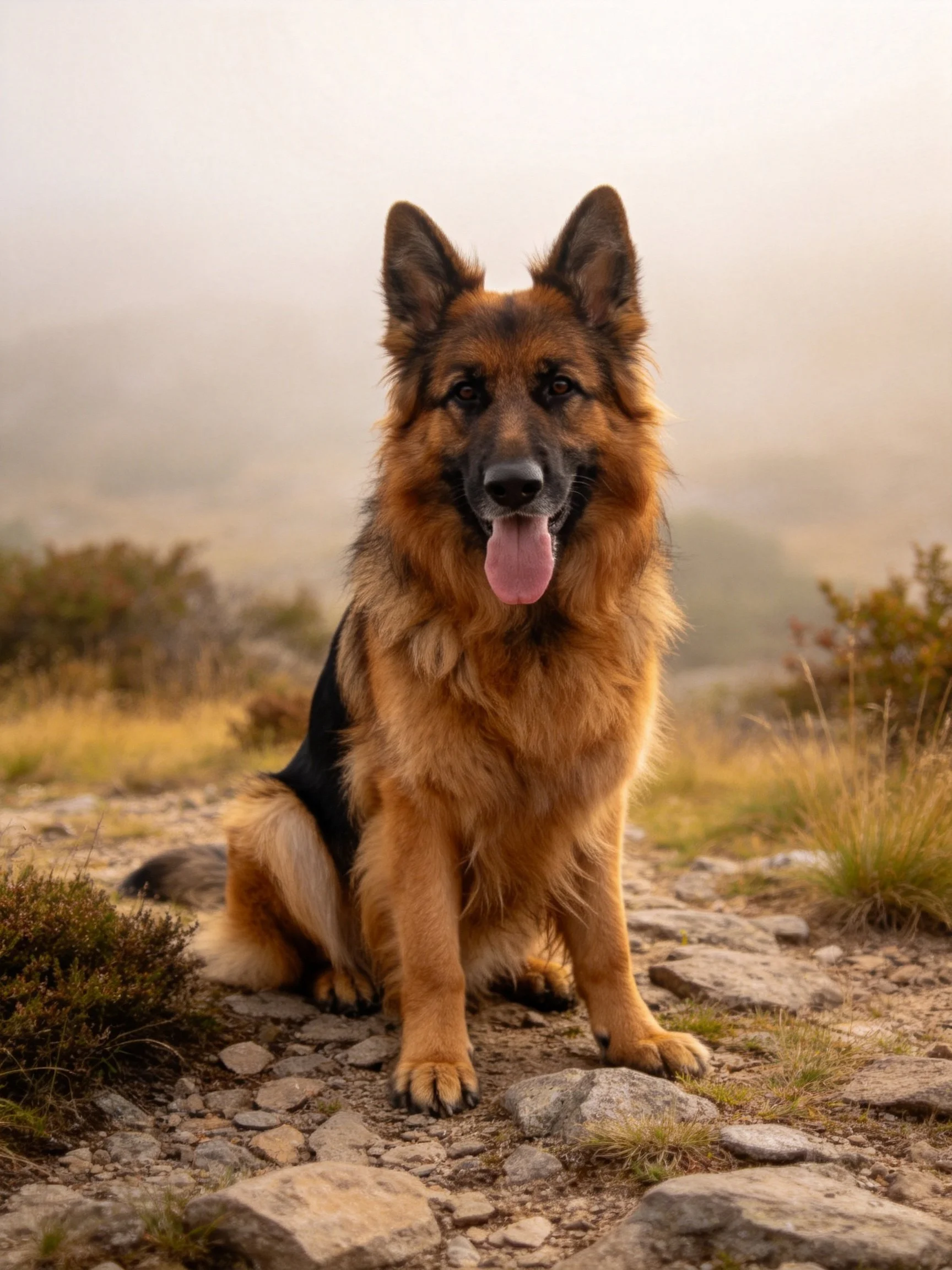A German Shepherd dog sits calmly on rocky ground in a misty outdoor setting.