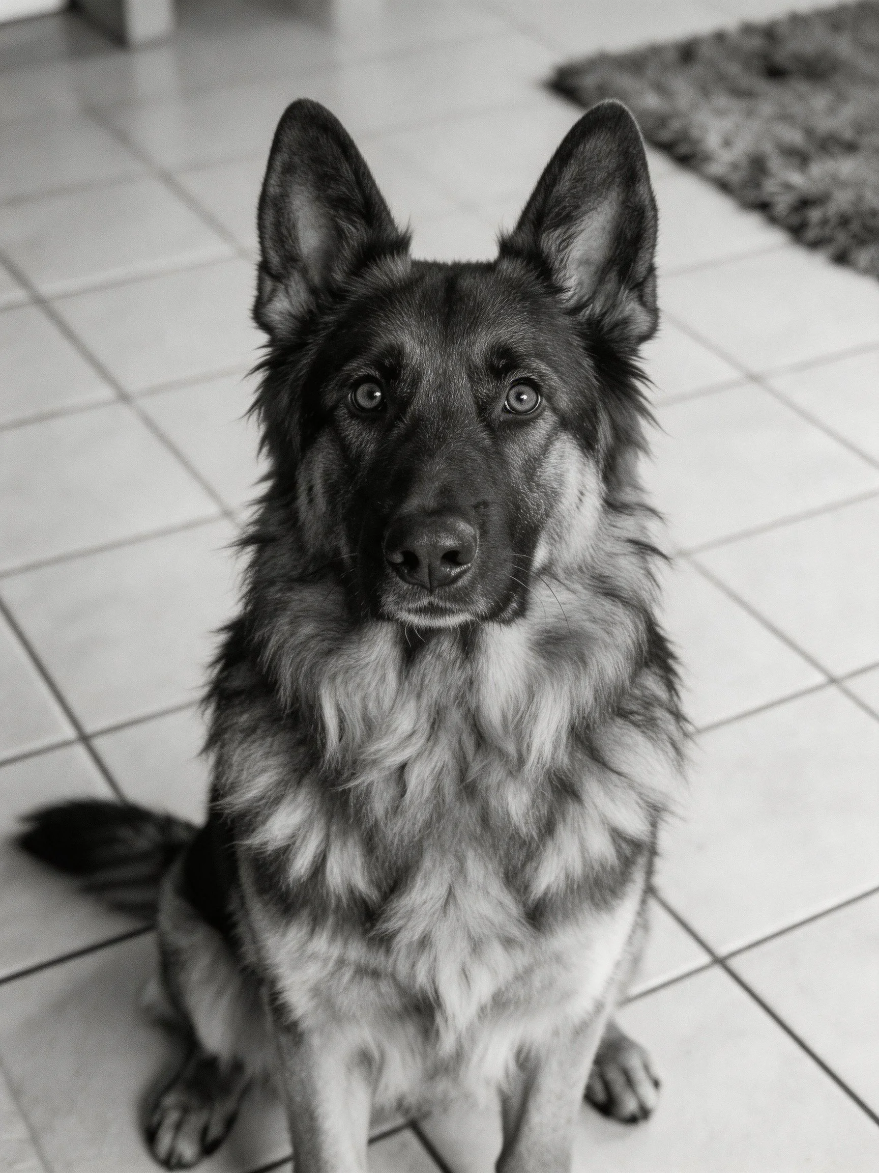 A German Shepherd dog sits attentively on tiled flooring in a monochrome photograph.