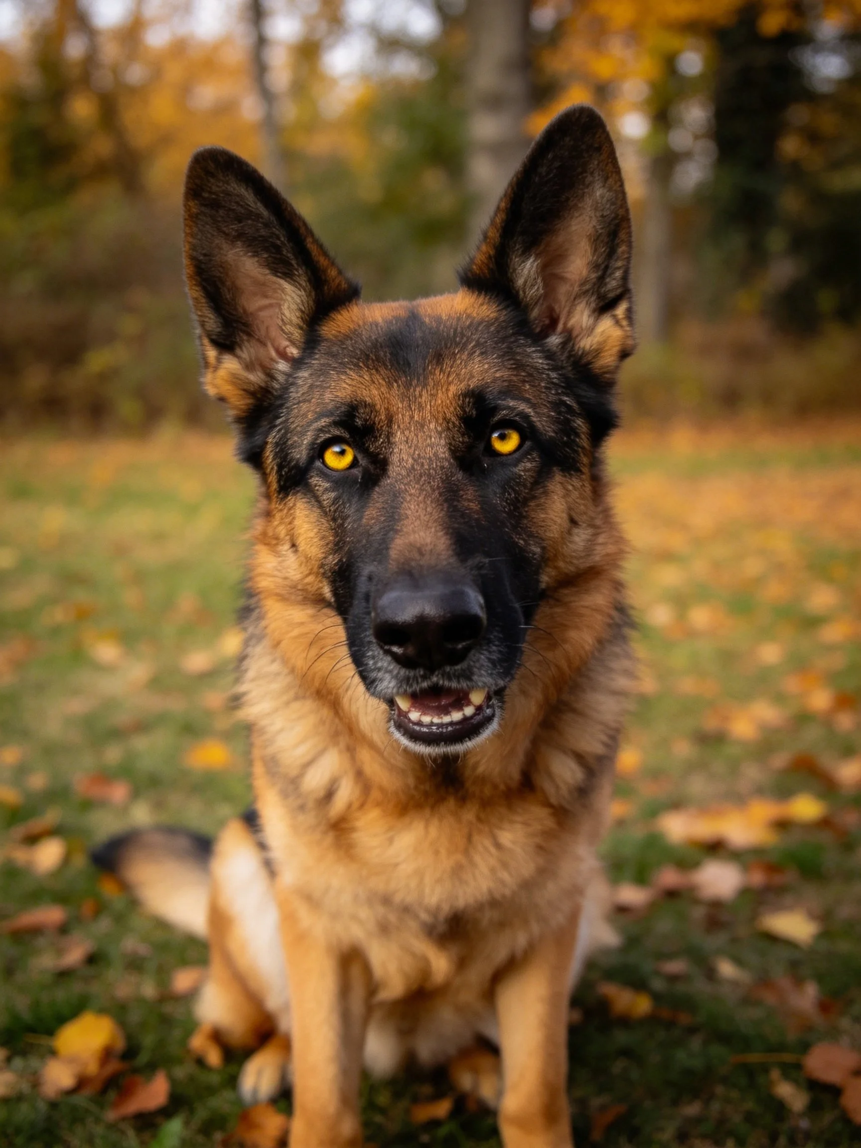 A German Shepherd sits calmly amid scattered autumn leaves in a forested outdoor space.