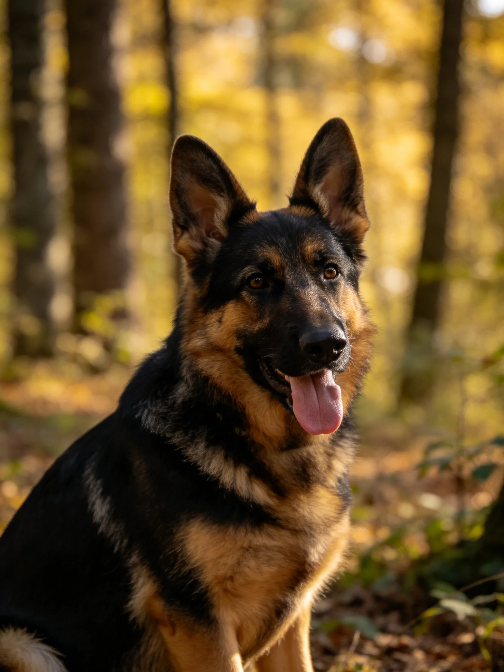 A German Shepherd dog sits calmly in a sunlit autumn forest.