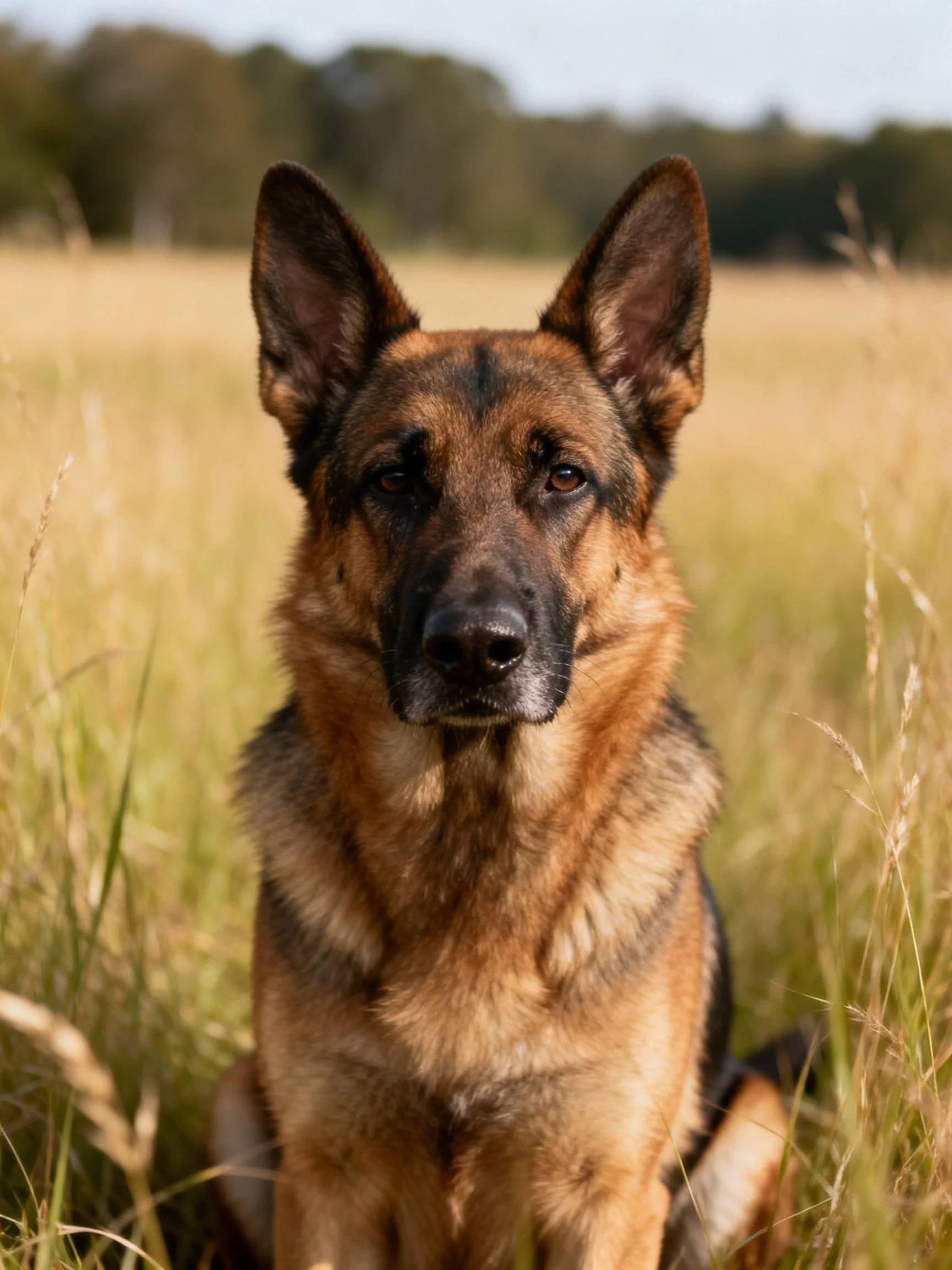 A German Shepherd dog sitting in tall golden grass