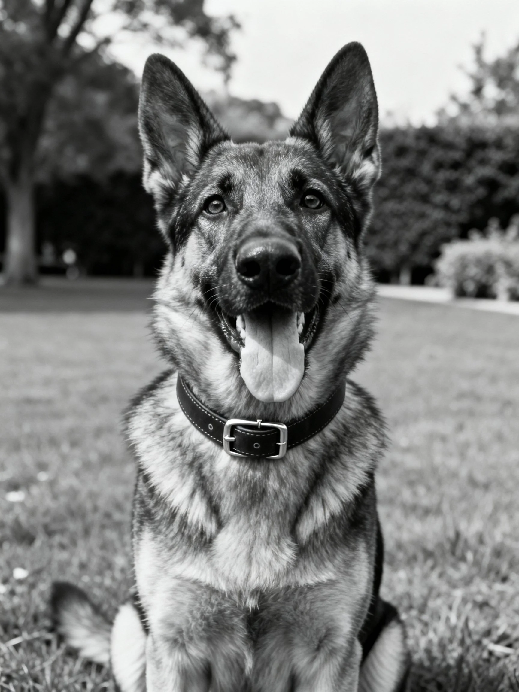 A German Shepherd dog sitting on grass with trees in the background
