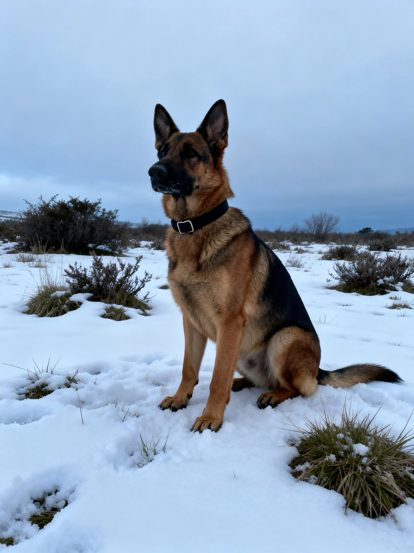A German Shepherd sits calmly on snow amid sparse vegetation
