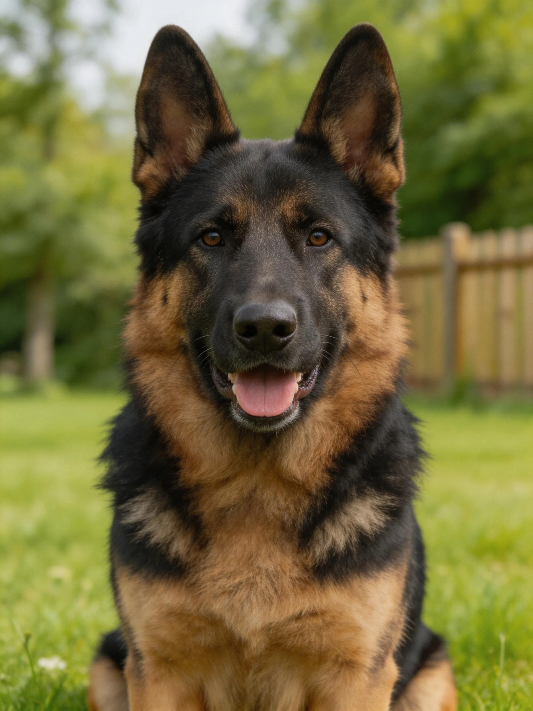 A German Shepherd dog sits calmly on grass in a sunny outdoor setting.