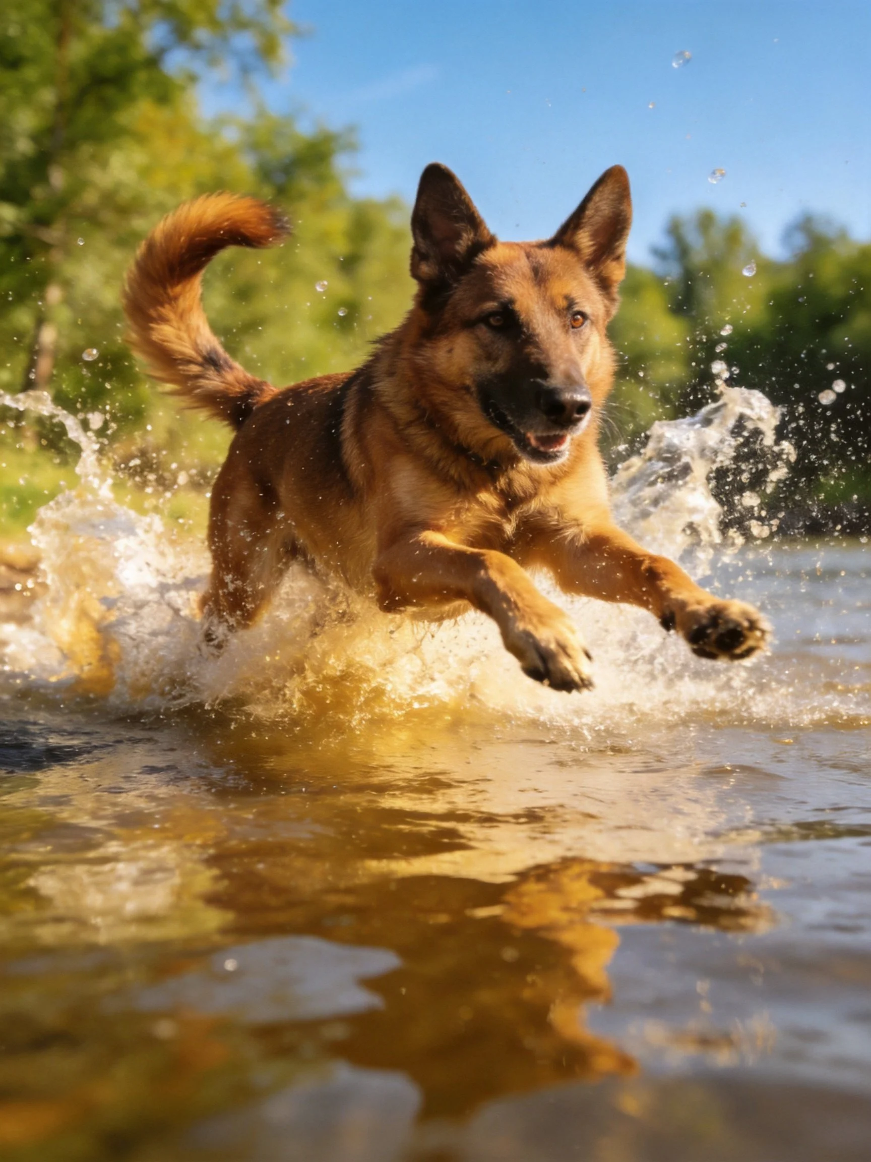A German Shepherd dog splashing through golden river waters