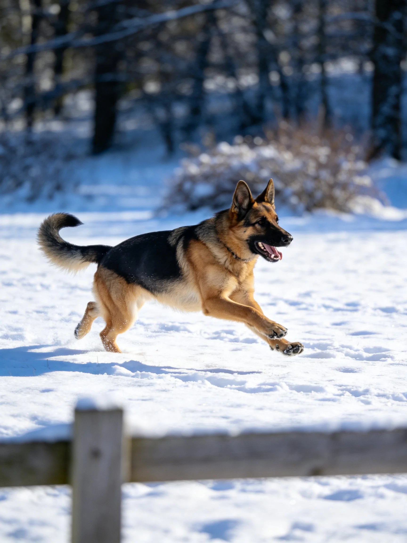 A German Shepherd dog sprinting across a snowy field near trees