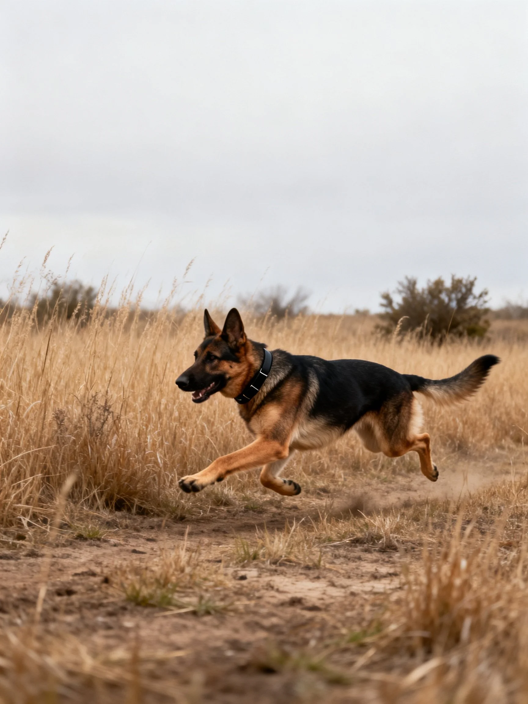 A German Shepherd dog sprinting through golden-brown prairie terrain