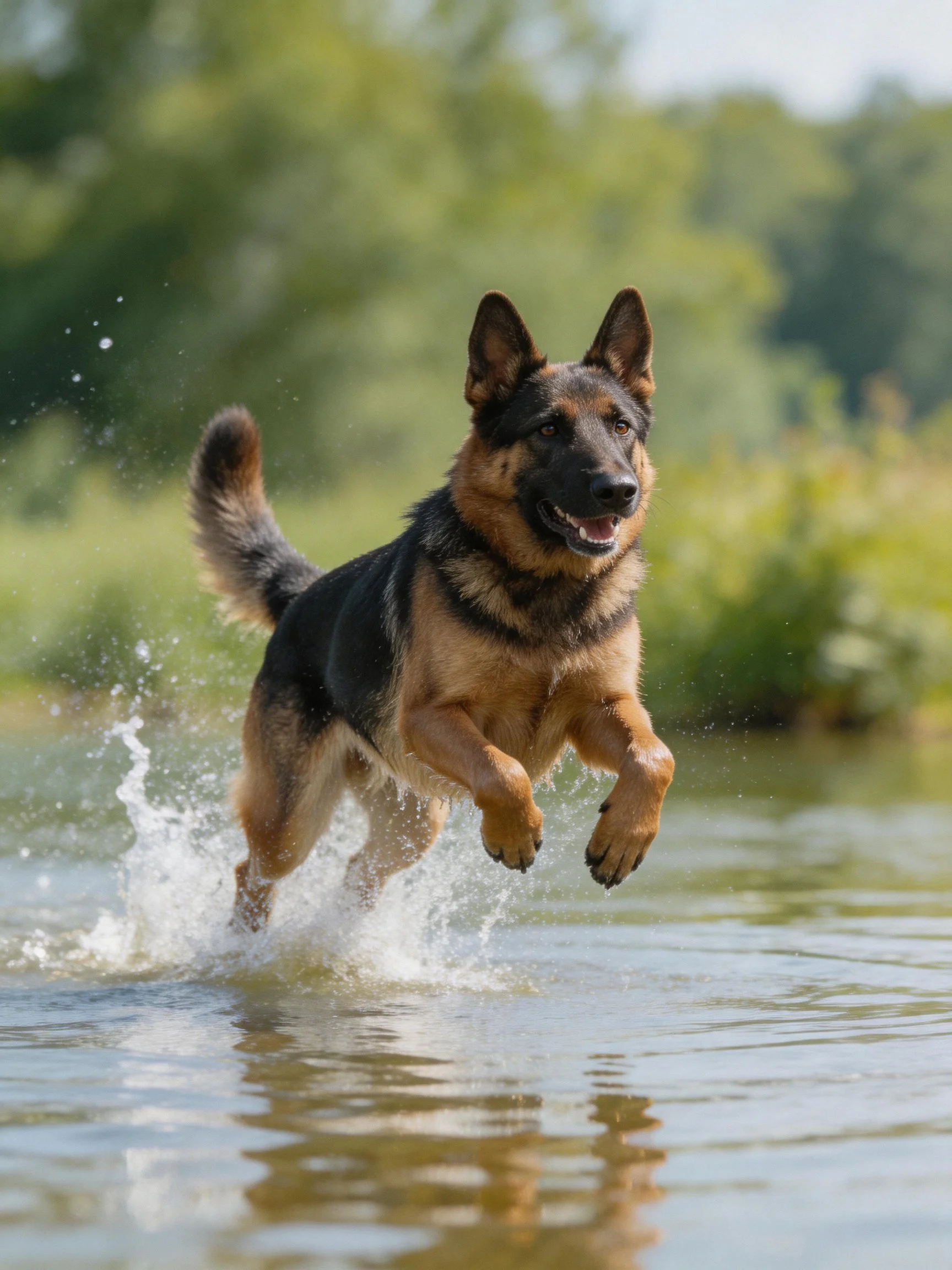 A German Shepherd dog sprinting through splashing water near lush greenery