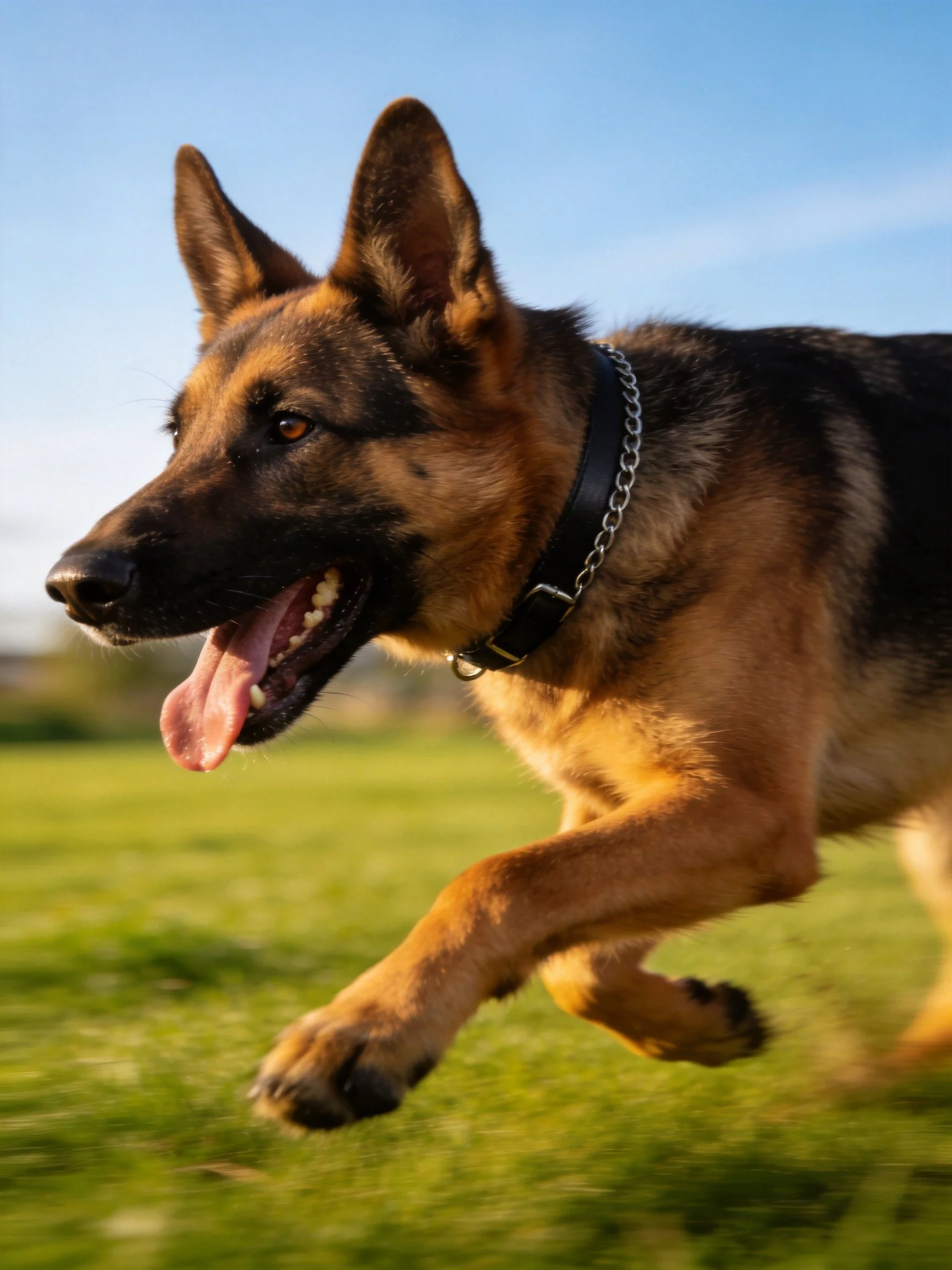 A German Shepherd dog sprints across a lush green field