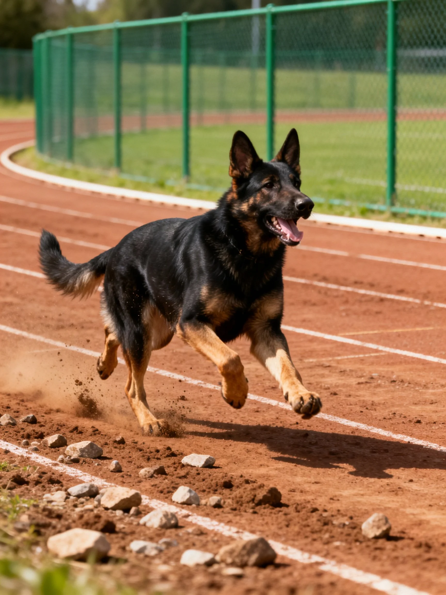 A German Shepherd dog runs energetically on a dirt track.