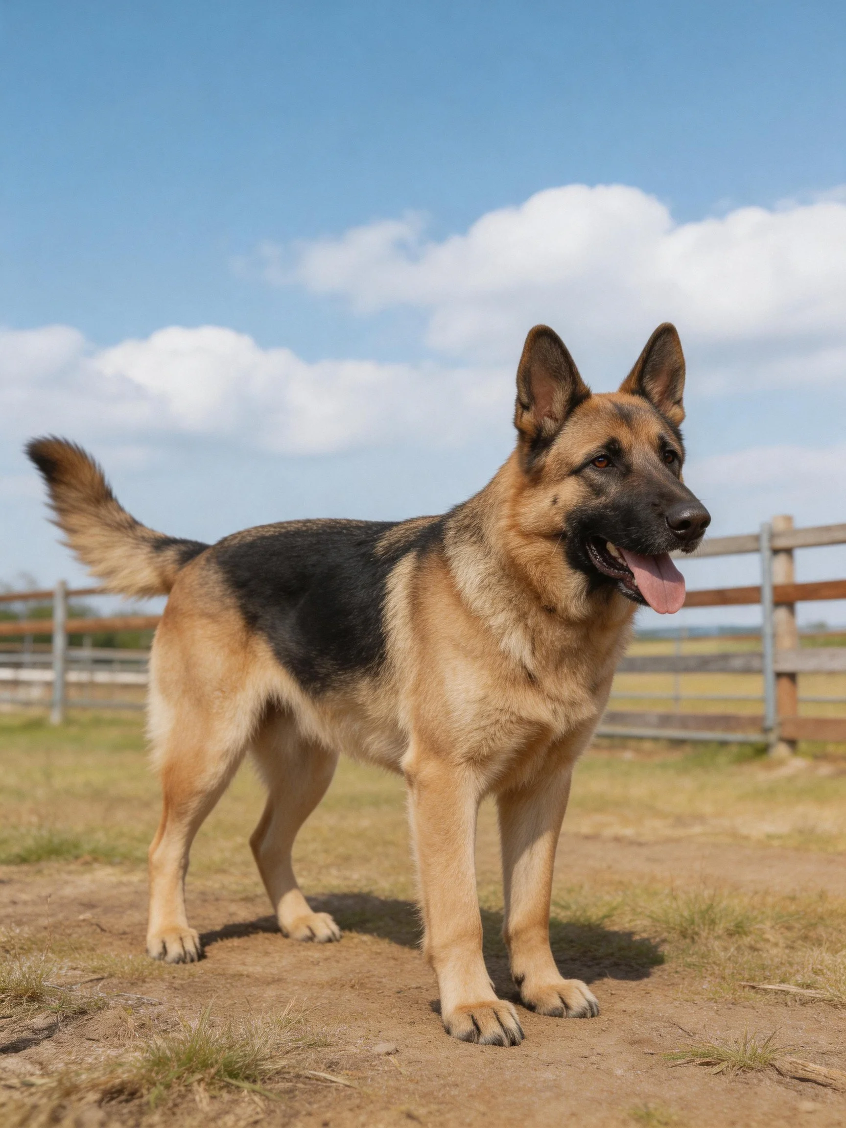 A German Shepherd stands outdoors near a wooden fence on a sunny day.
