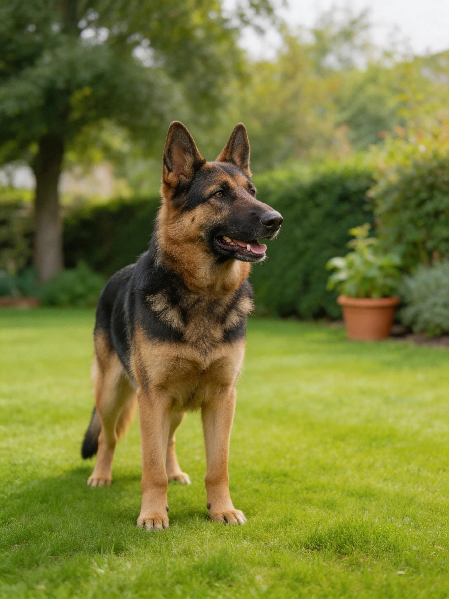 A German Shepherd dog stands alert in a lush garden.