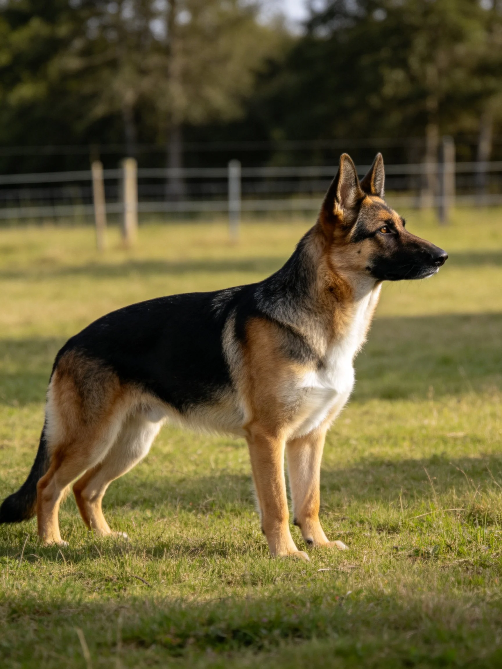 A German Shepherd dog stands alert in a sunlit outdoor field.