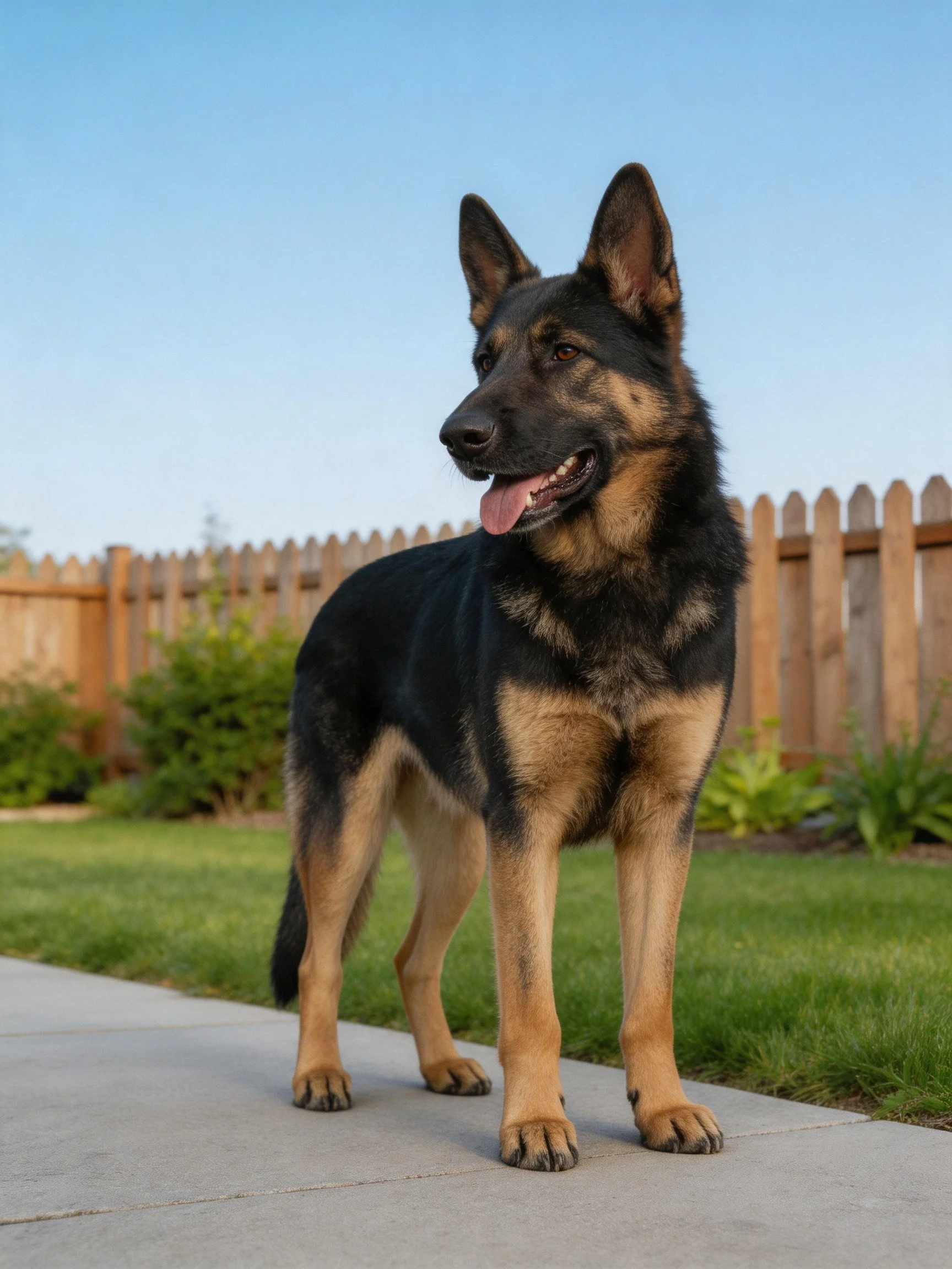 A German Shepherd dog stands alert near a wooden fence