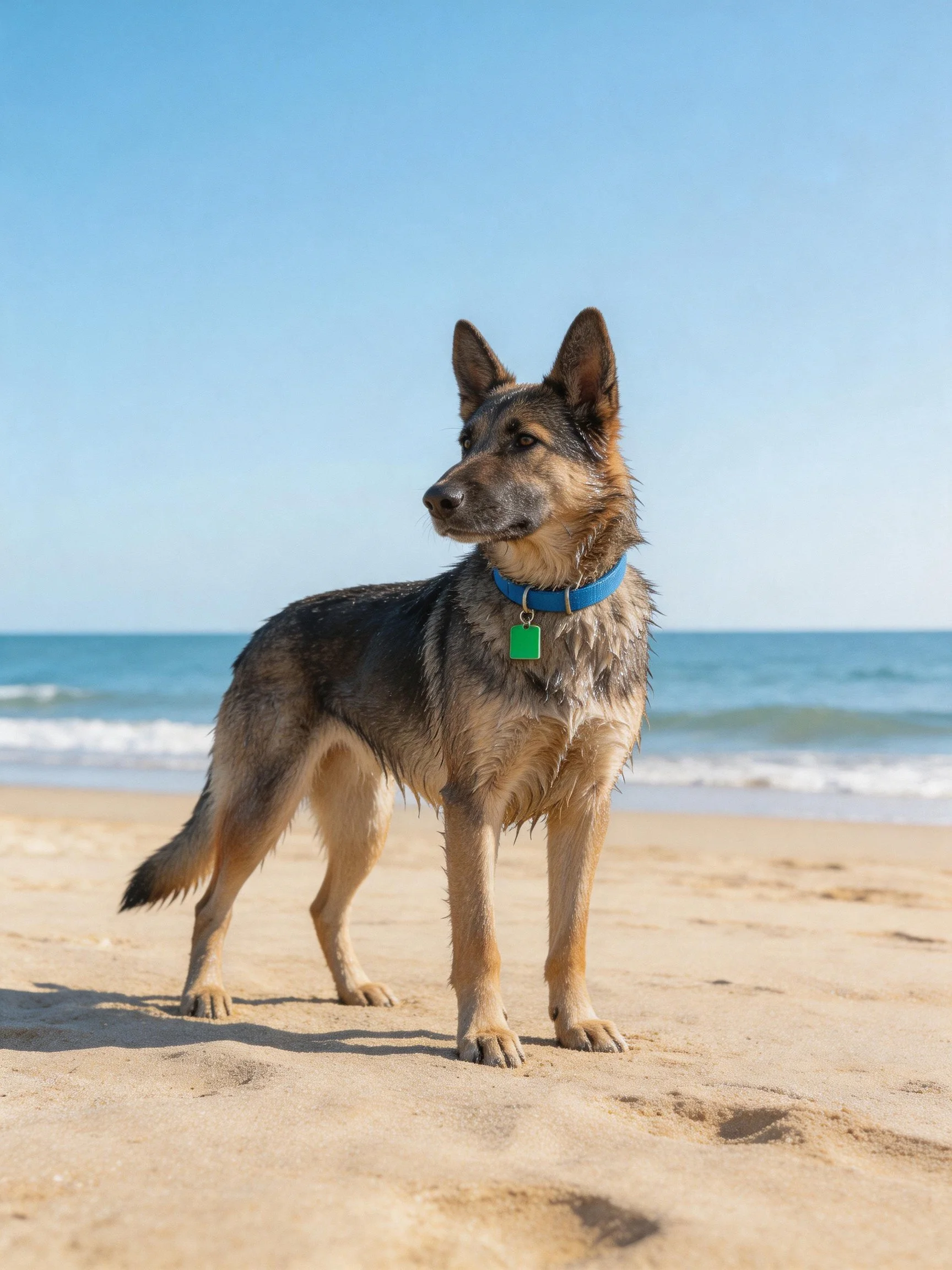 A German Shepherd dog stands on a sandy beach near the ocean