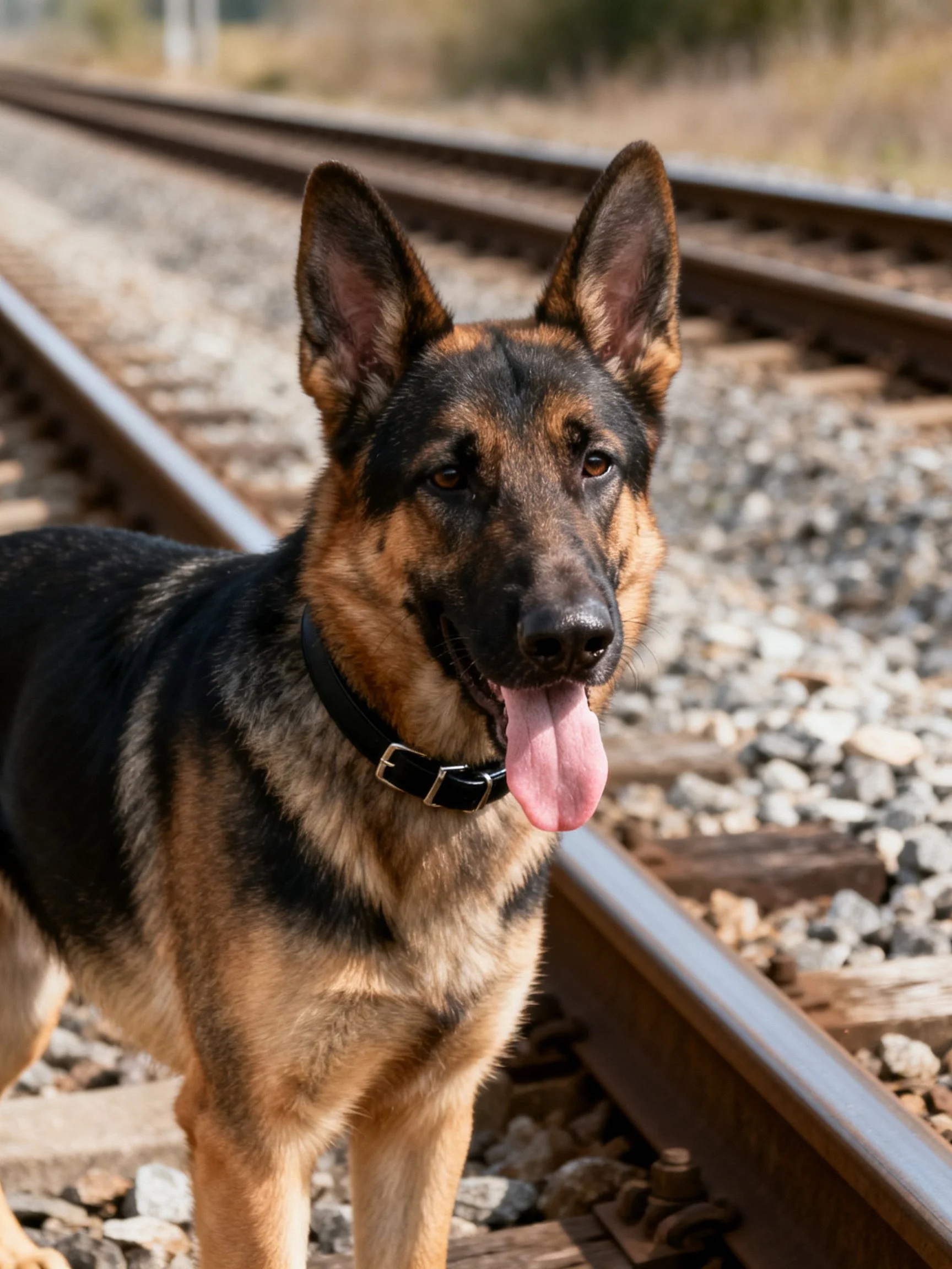 A German Shepherd dog stands on railroad tracks beside gravel