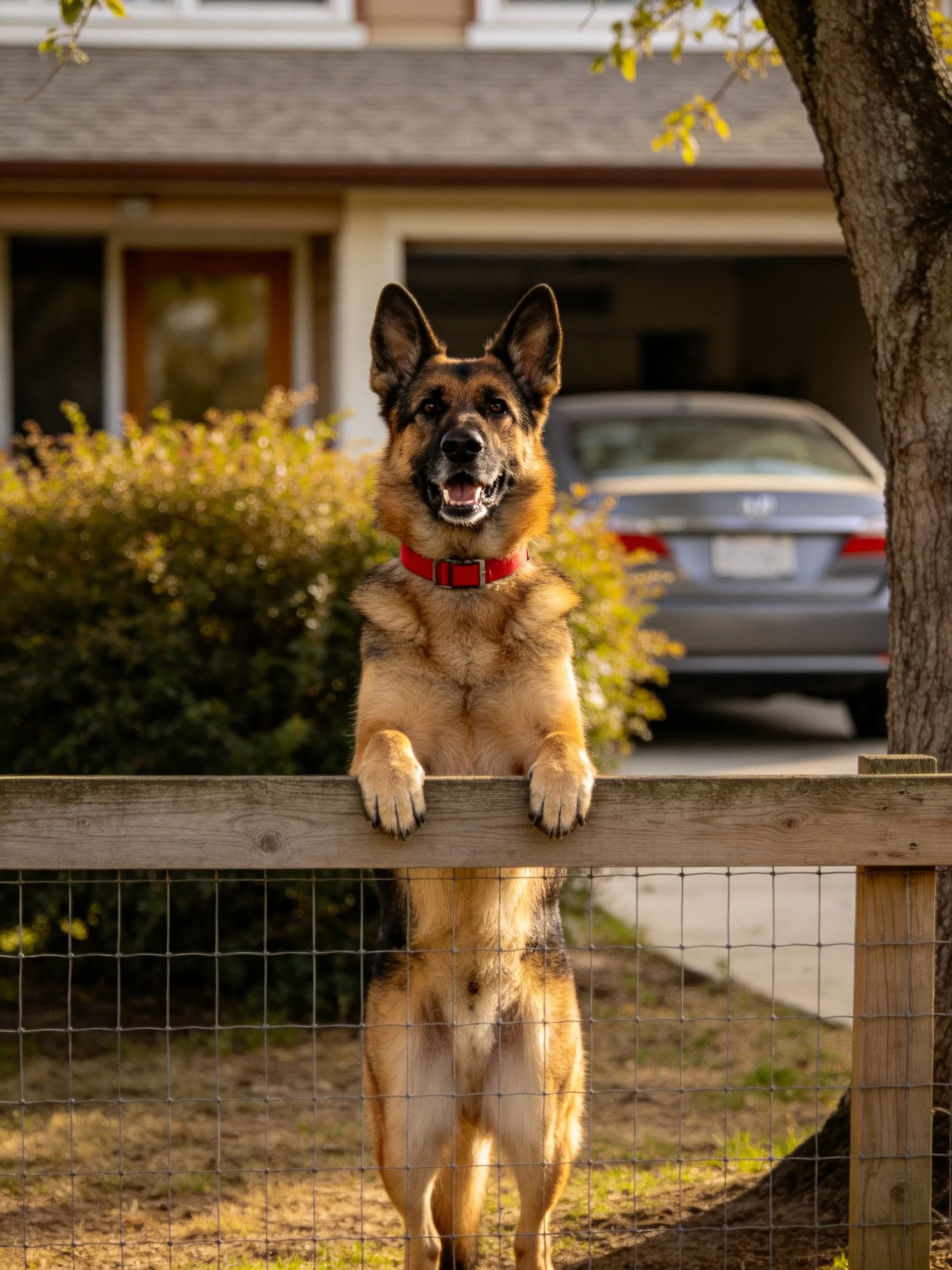 A German Shepherd dog stands upright behind a wooden fence