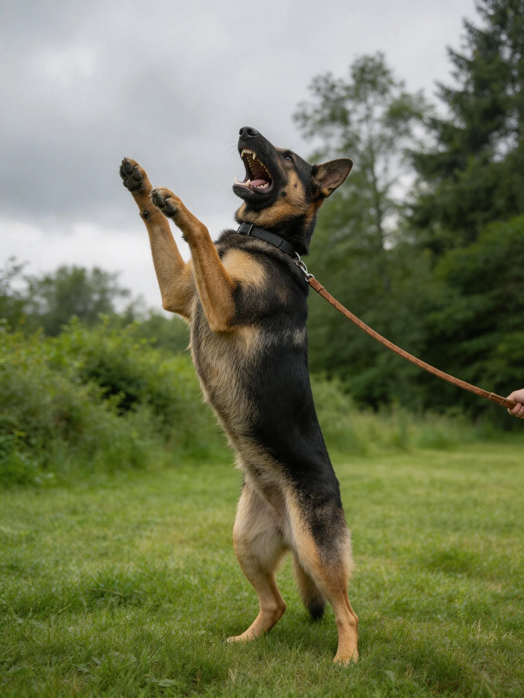 A German Shepherd dog stands upright on hind legs in a grassy field