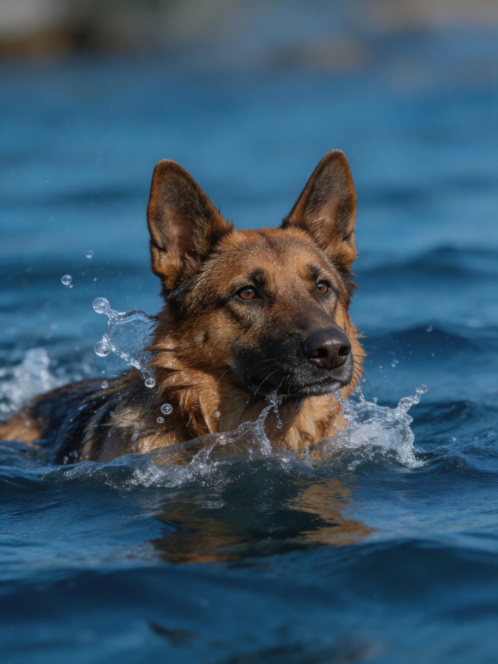 A German Shepherd dog swims through blue water creating splashes