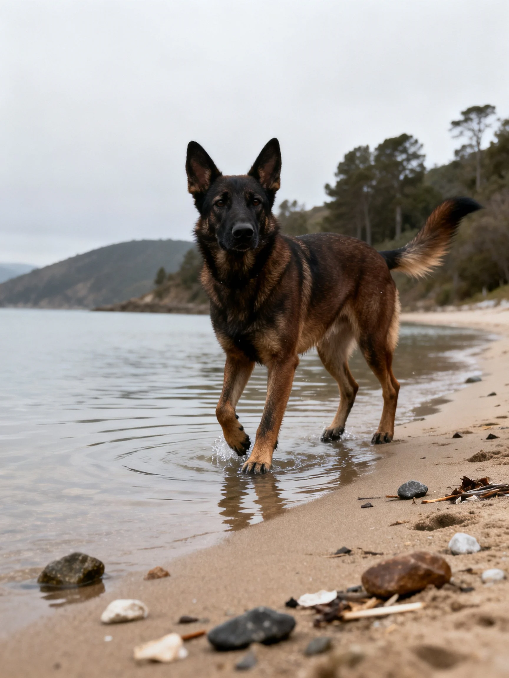 A German Shepherd dog walking along a sandy shoreline by calm waters