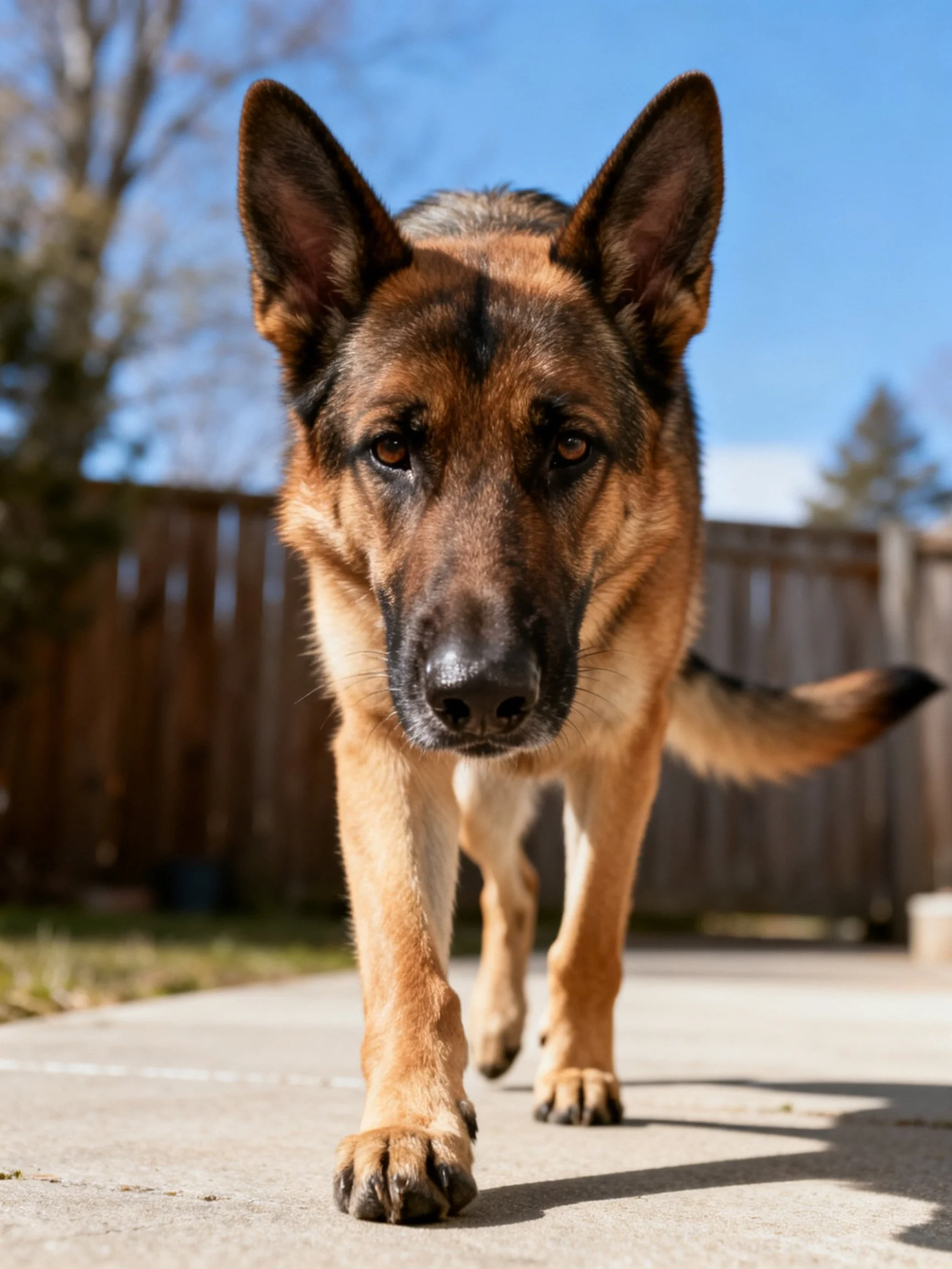 A German Shepherd dog walking forward on a concrete path