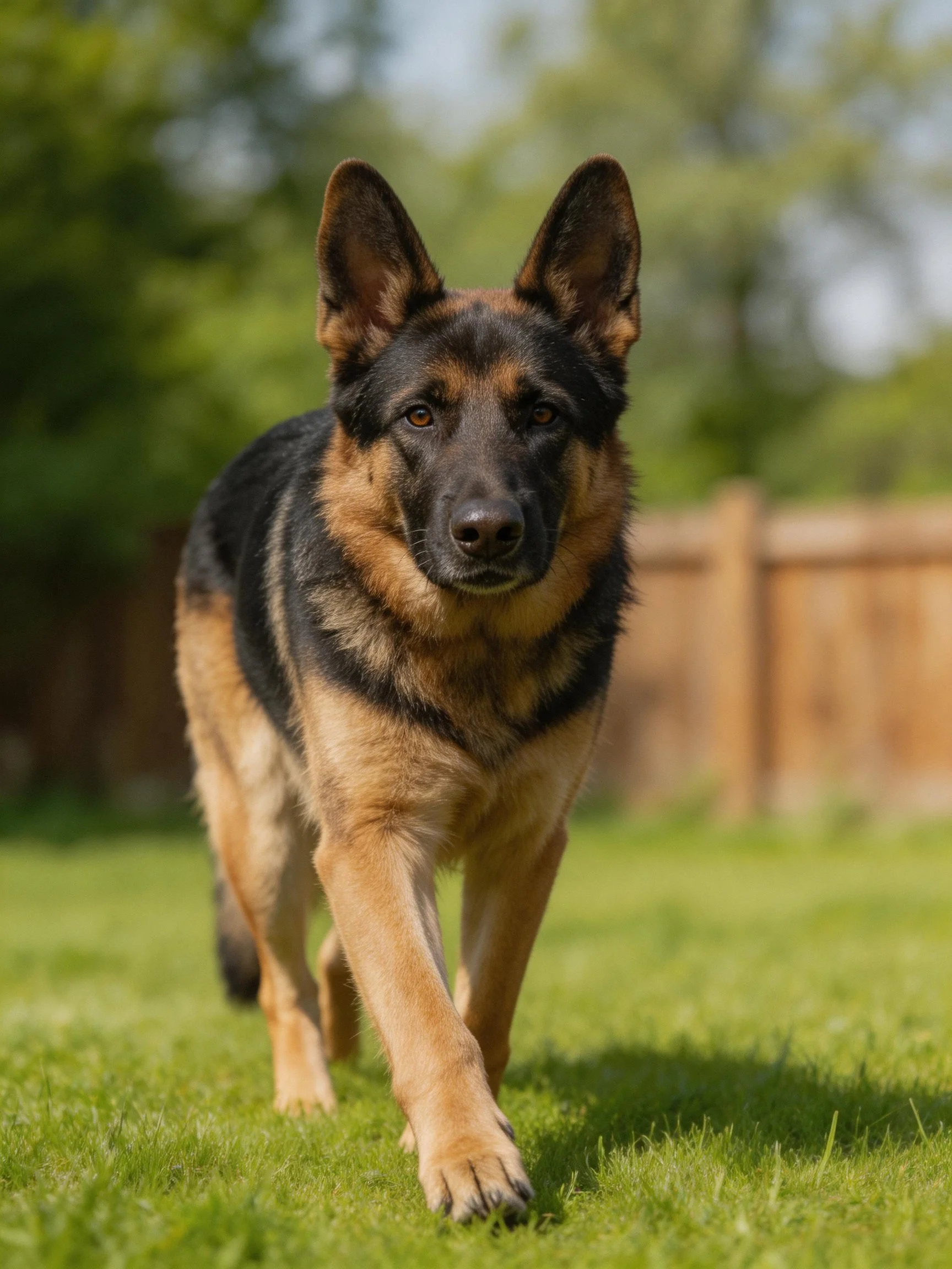 A German Shepherd walks forward on a grassy lawn with a wooden fence in the background