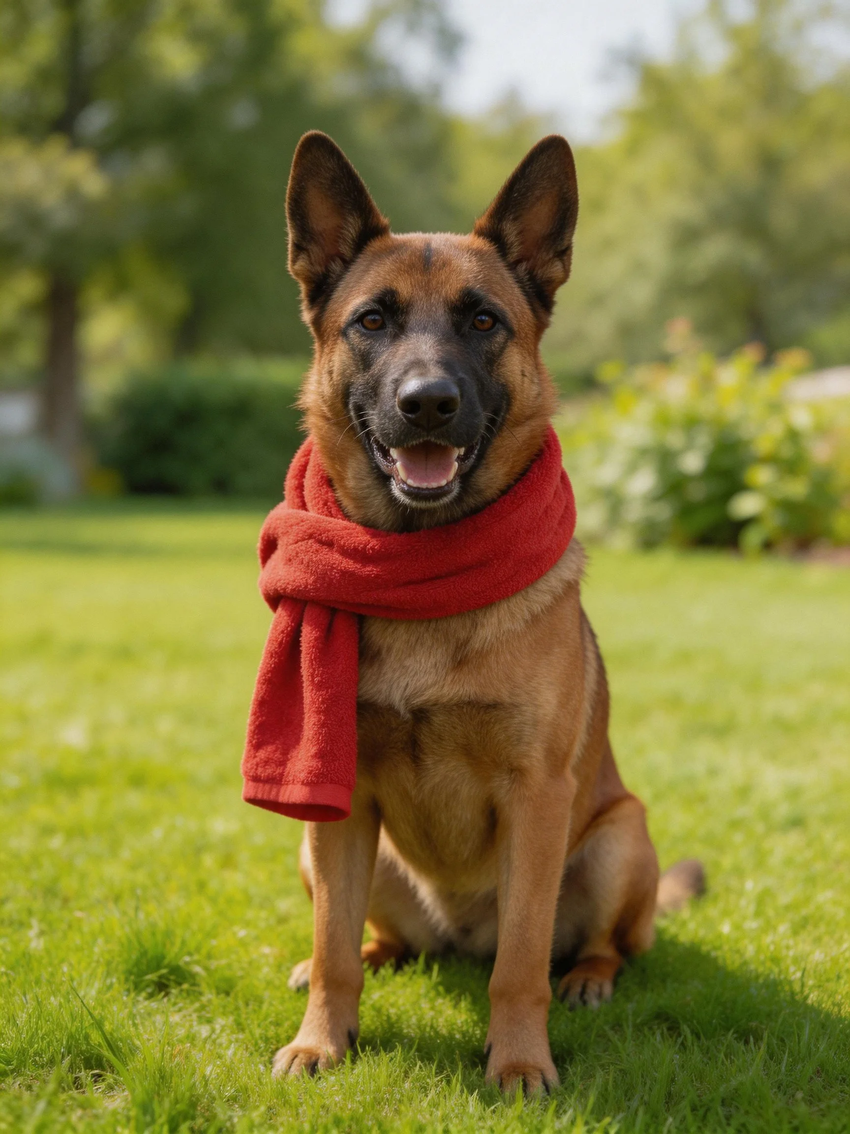 A German Shepherd dog with a red scarf sits happily on grass outdoors.