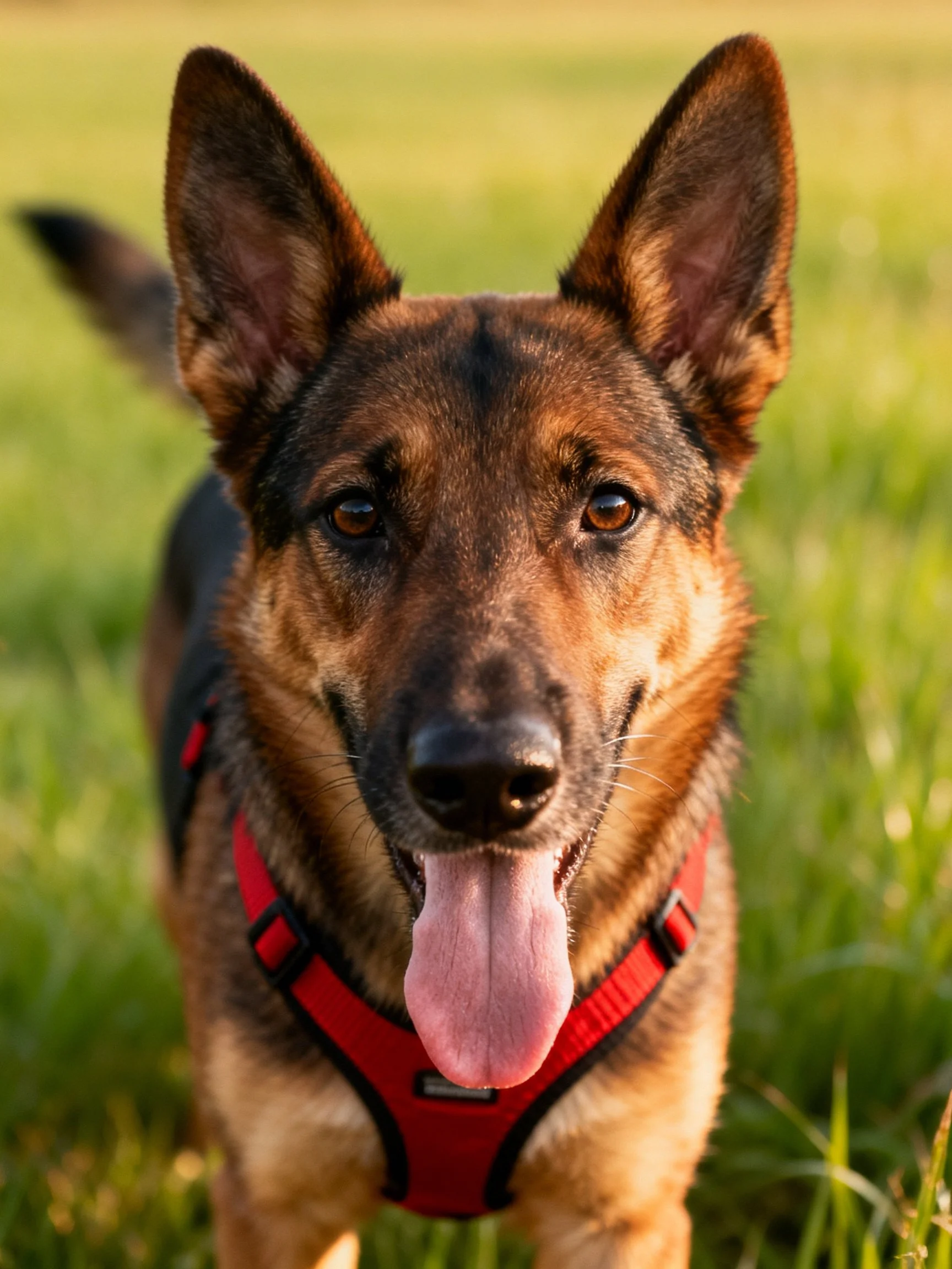 A German Shepherd dog stands in a grassy outdoor area.