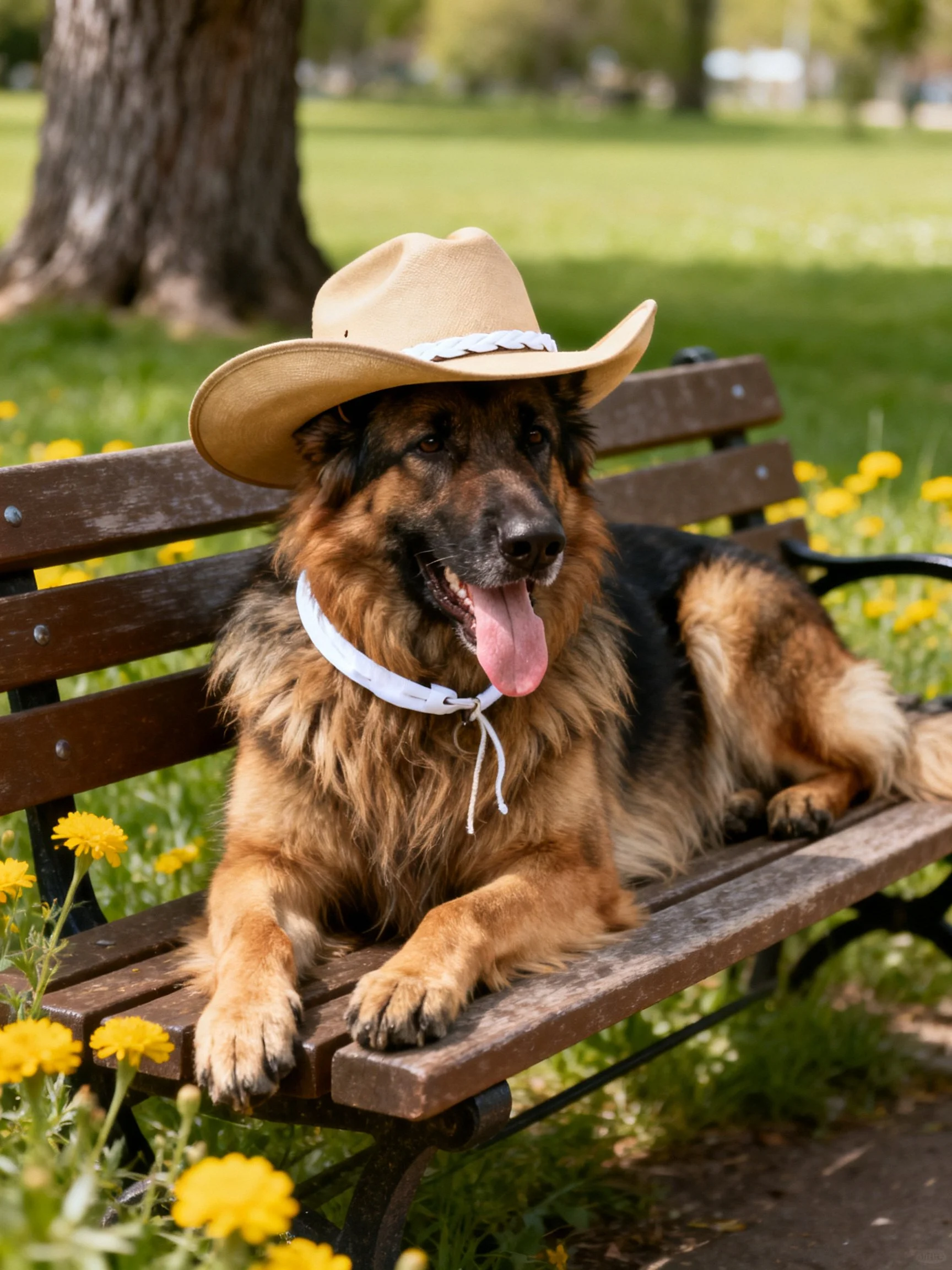 A German Shepherd dog wearing a cowboy hat relaxes on a park bench.