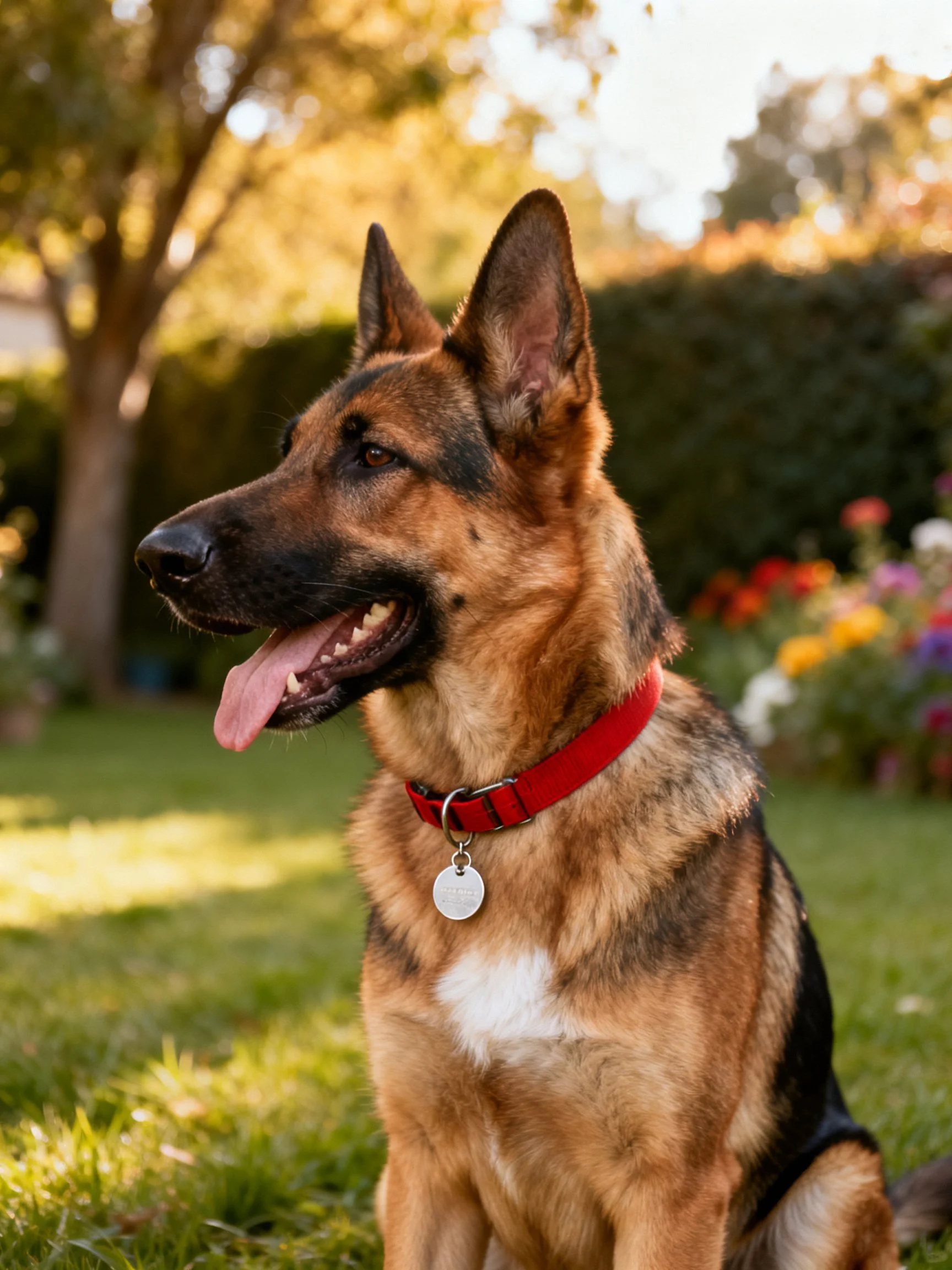 A German Shepherd dog with a red collar enjoys the sunny garden setting.