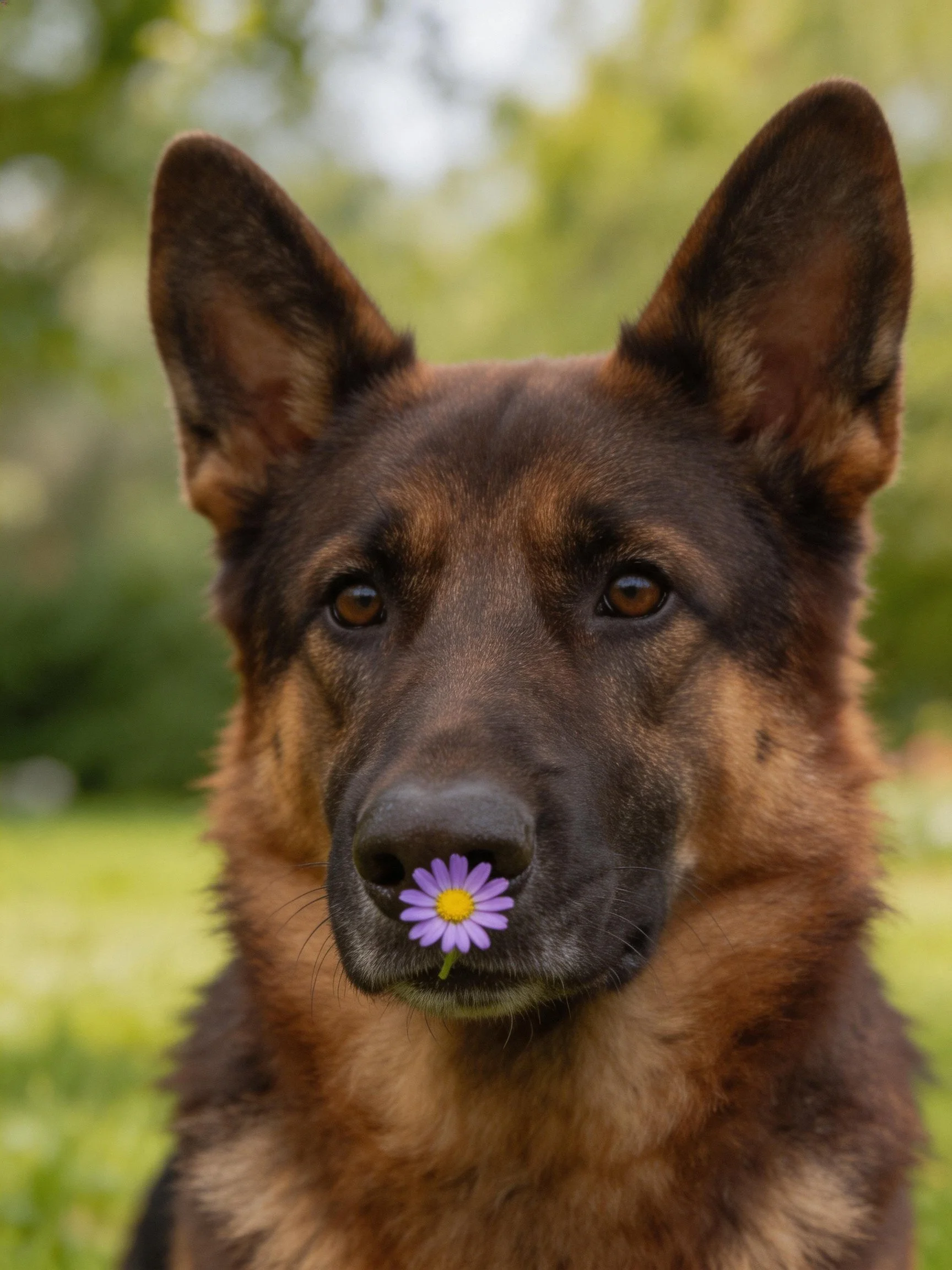 A German Shepherd dog holds a small purple flower near its nose outdoors