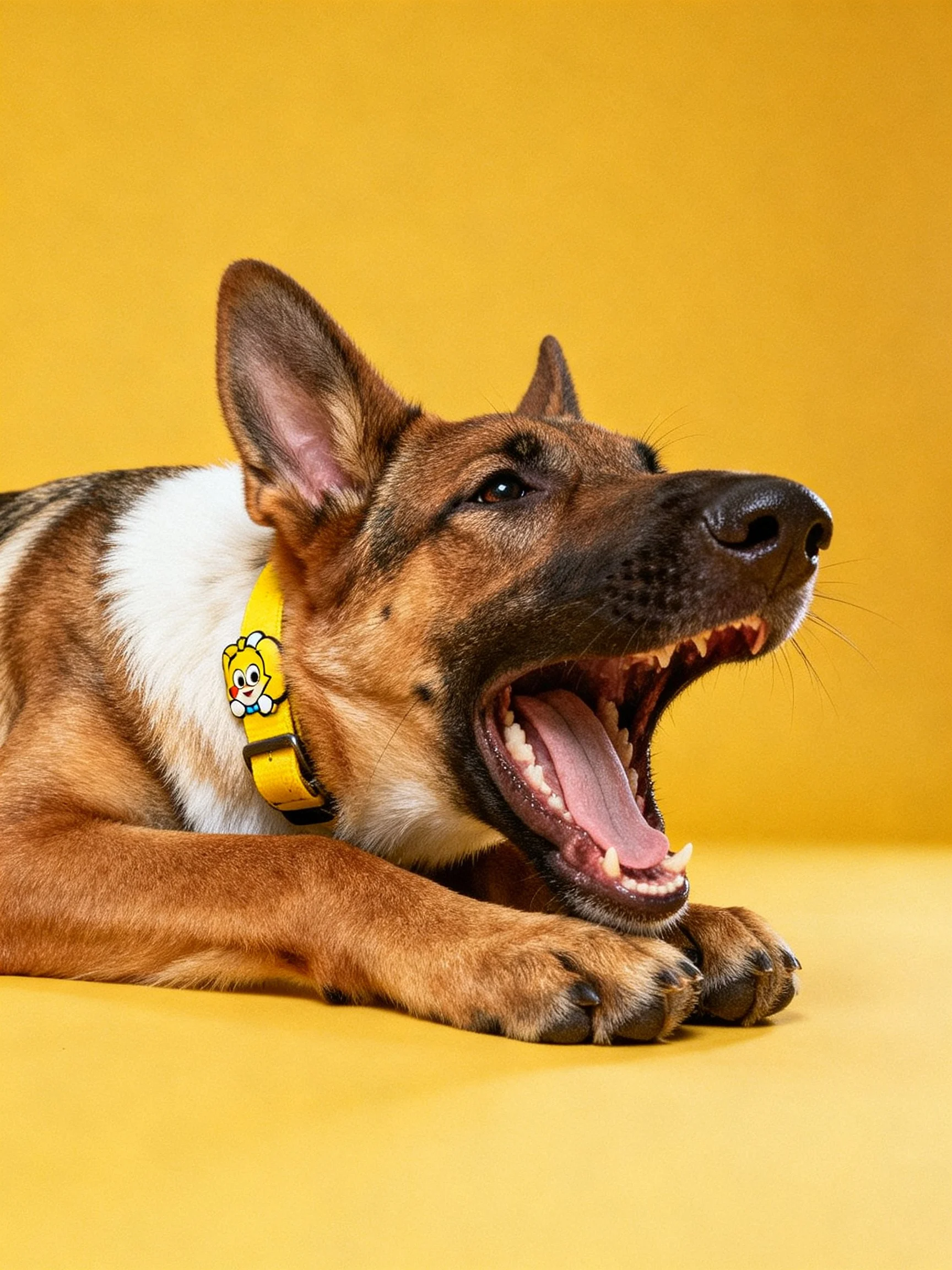 A German Shepherd dog wearing a yellow collar yawnswhile lying down.