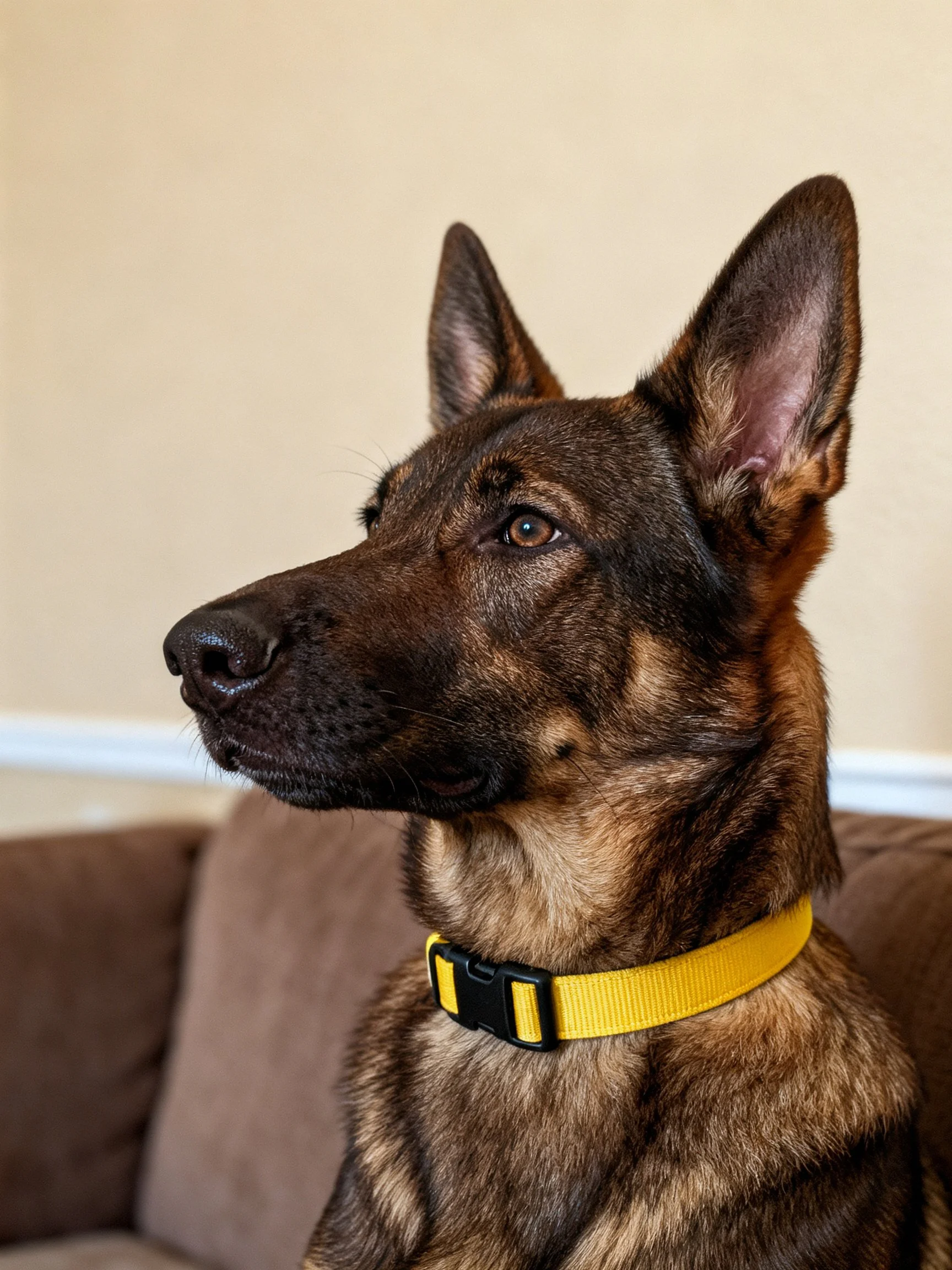 A German Shepherd dog with a yellow collar sits on a brown couch indoors.