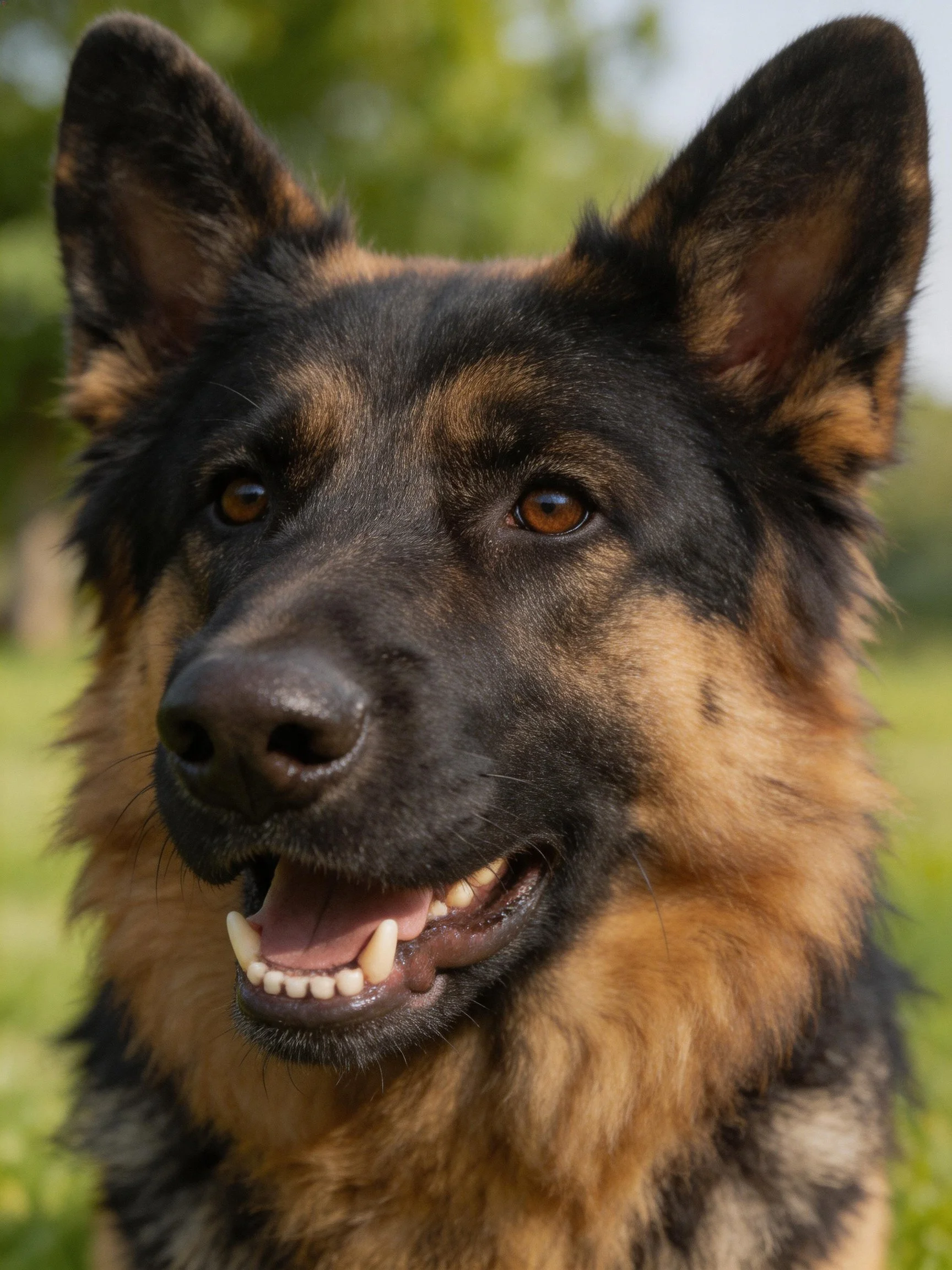 A German Shepherd dog shows an alert expression with an open mouth in an outdoor setting.