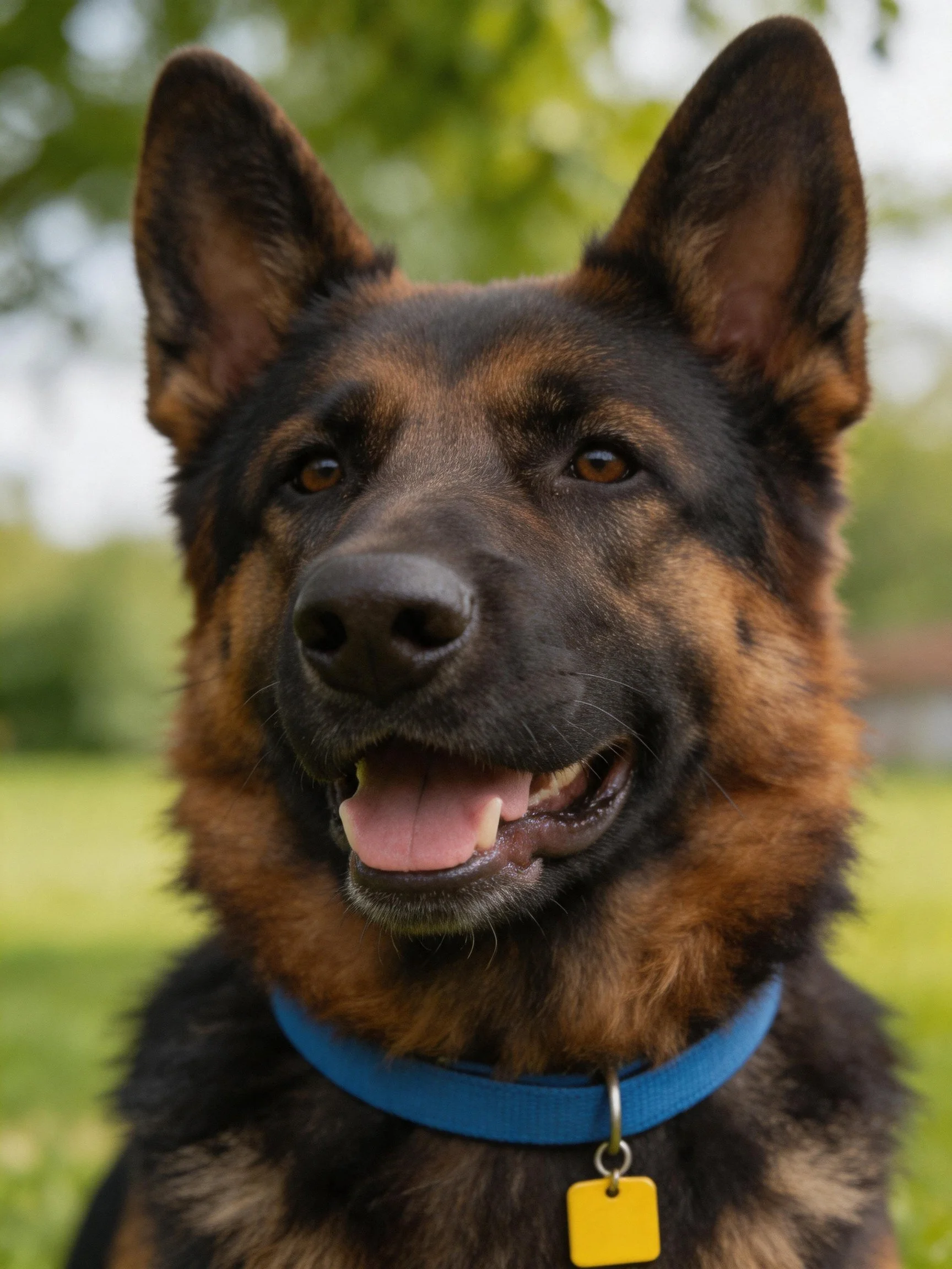 A German Shepherd dog with black and tan fur, blue collar, in an outdoor setting