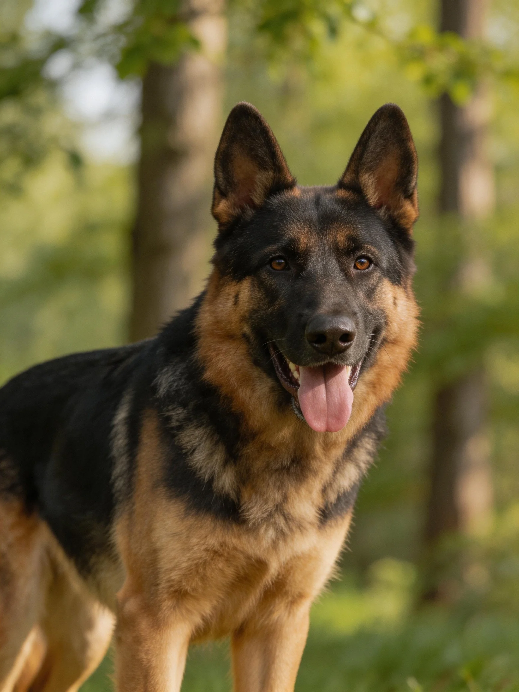 A German Shepherd dog stands in a sunlit wooded area.