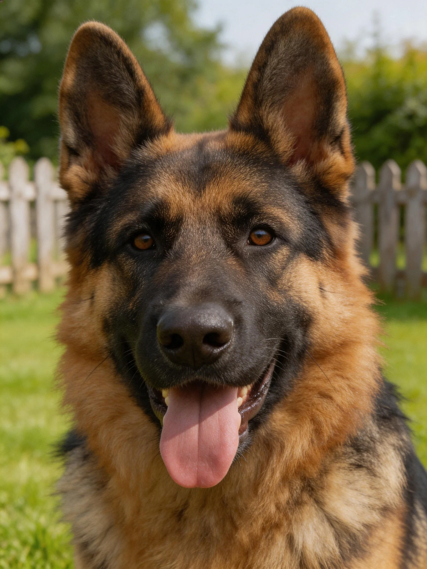 A German Shepherd dog with black and tan fur stands happily in a sunny outdoor setting.