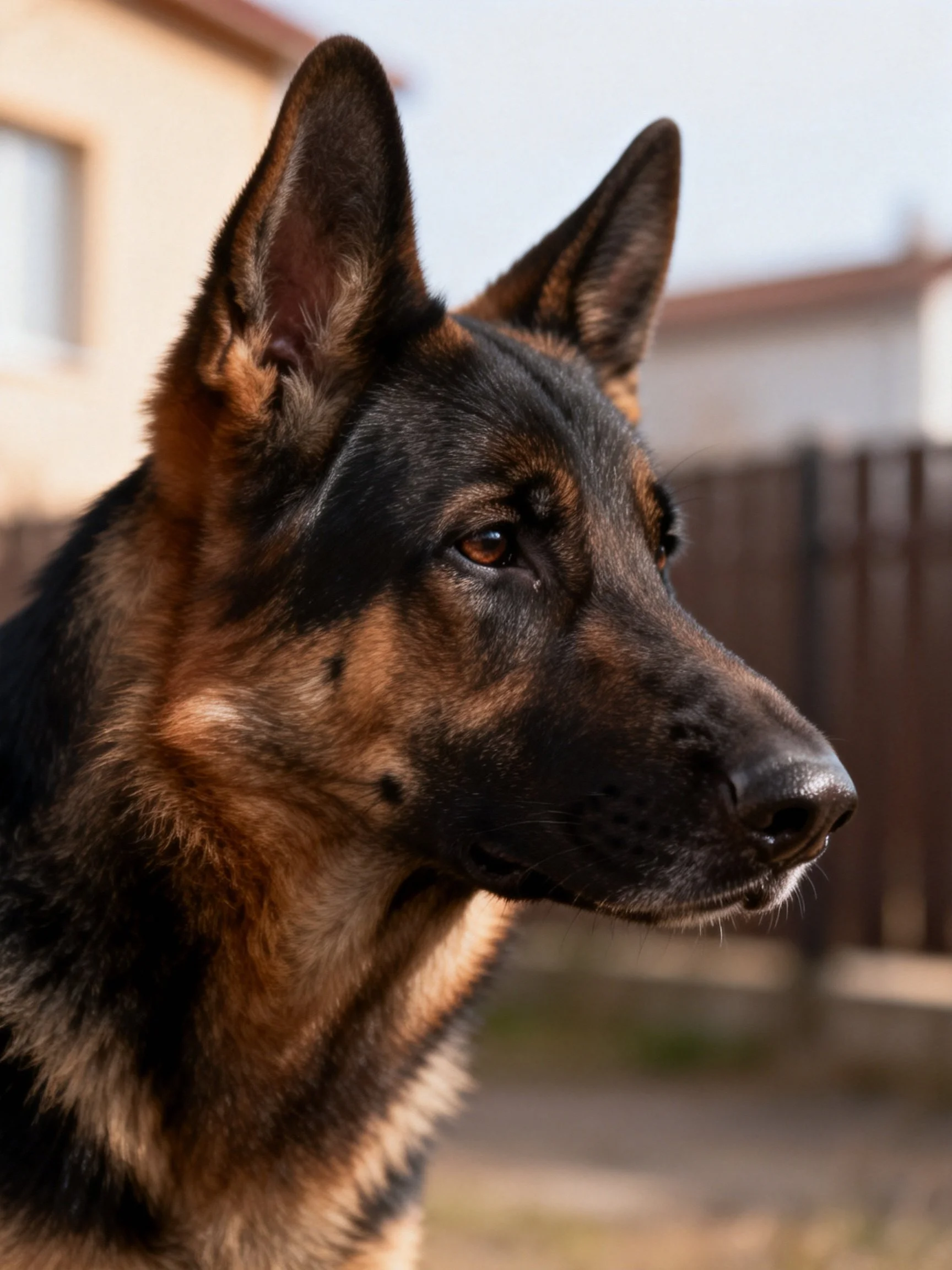 A German Shepherd dog with black and tan fur stands outdoors near residential structures.