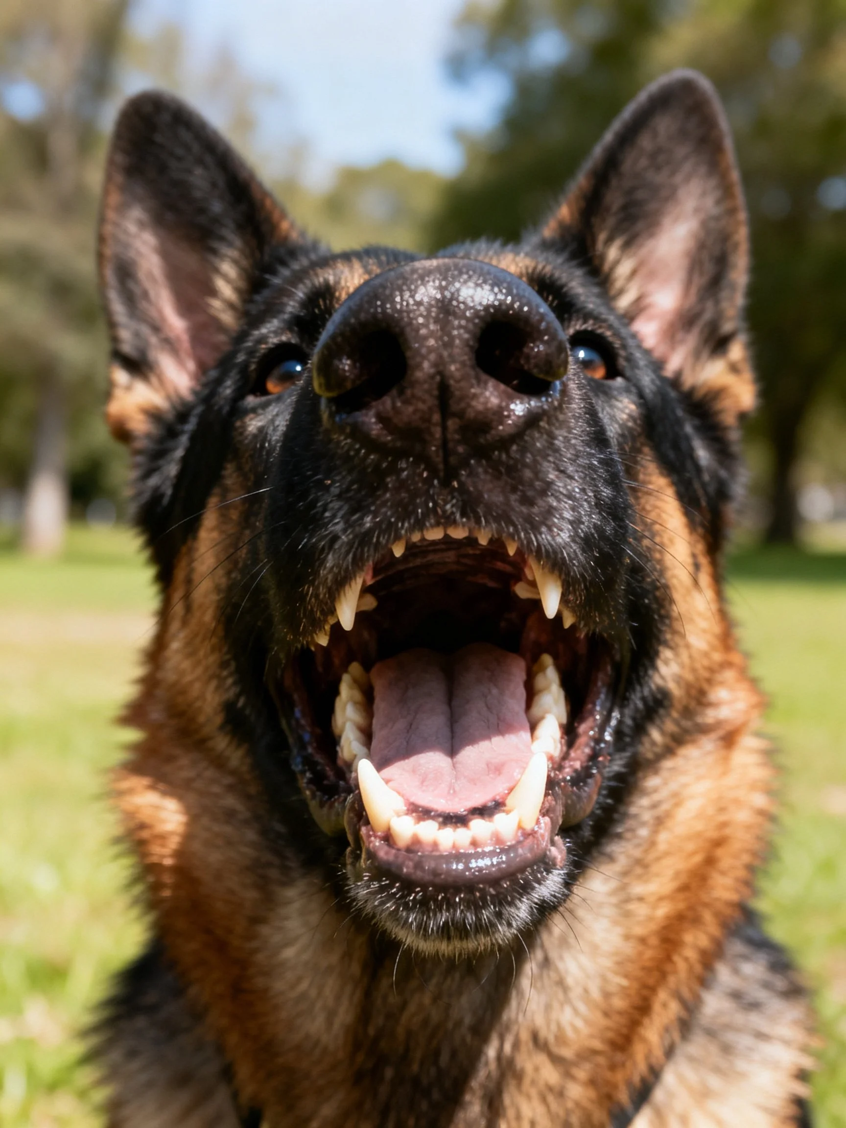 A German Shepherd dog shows its teeth and tongue while outdoors on a sunny day.