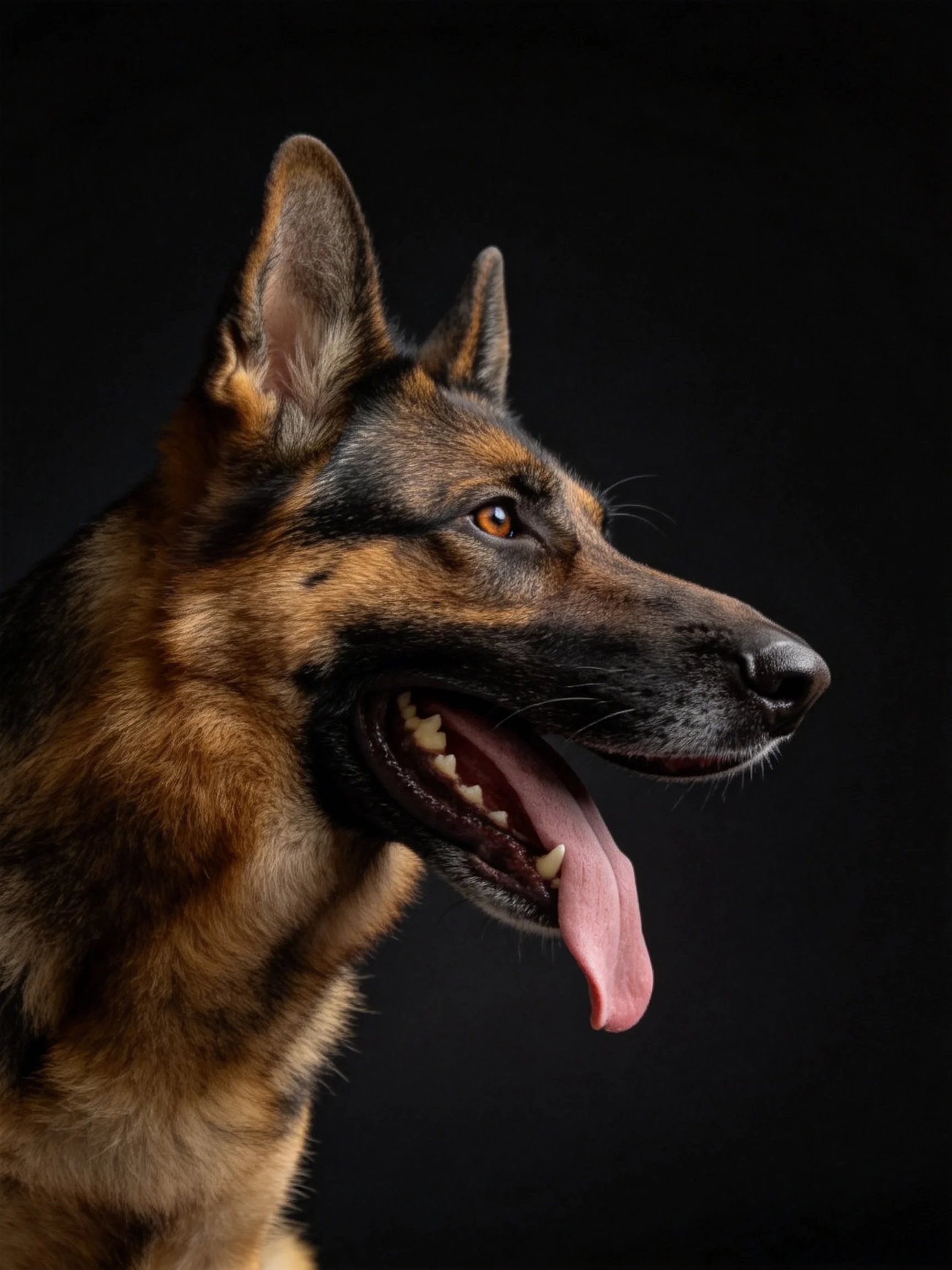 A German Shepherd dog with an open mouth stands alert against a dark background.