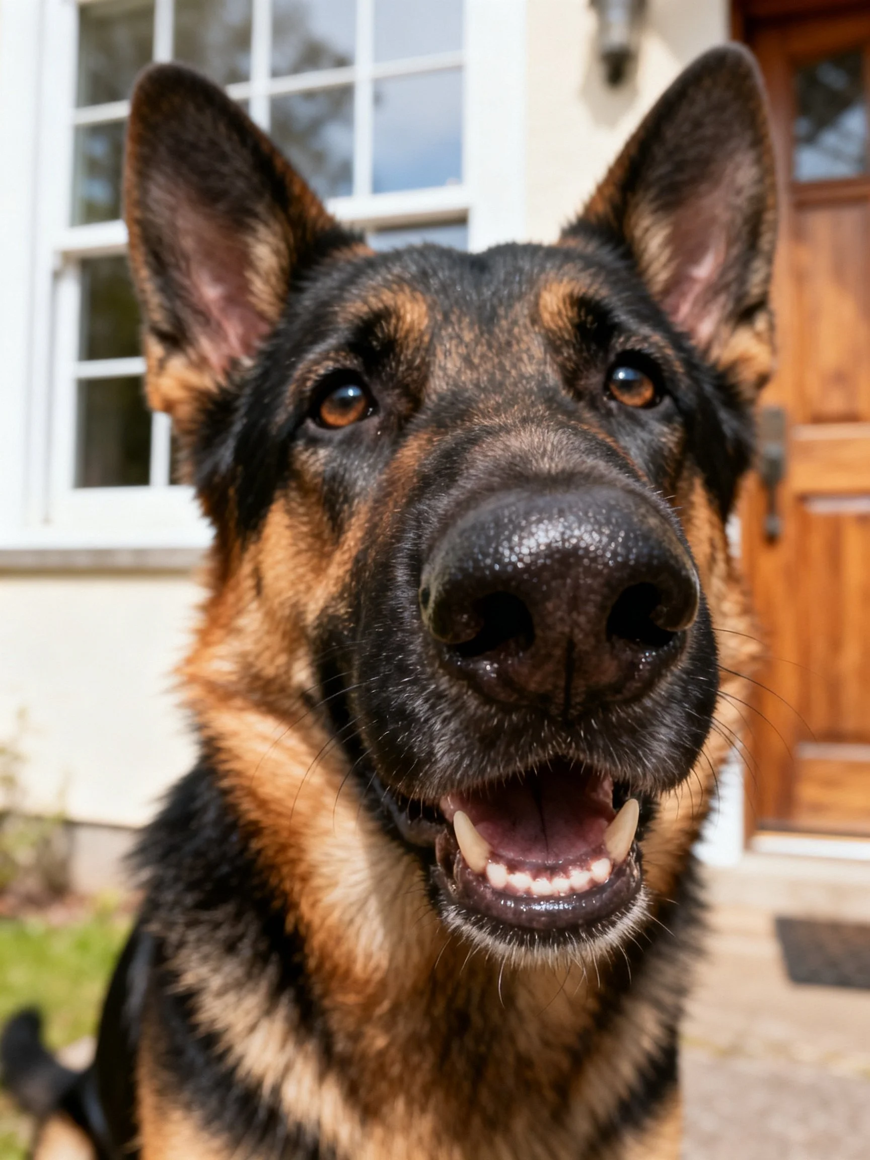 A German Shepherd dog stands outside a house with its mouth open.