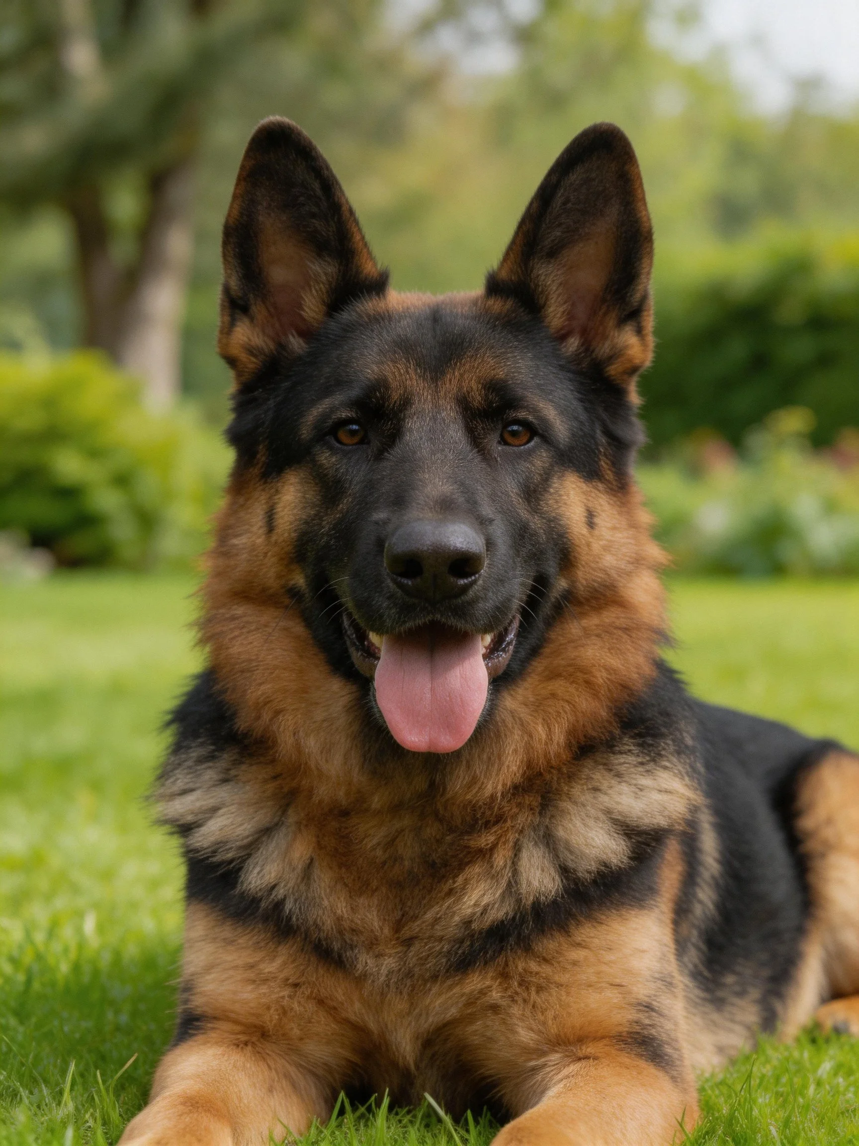 A German Shepherd relaxes on green grass in a peaceful outdoor area.