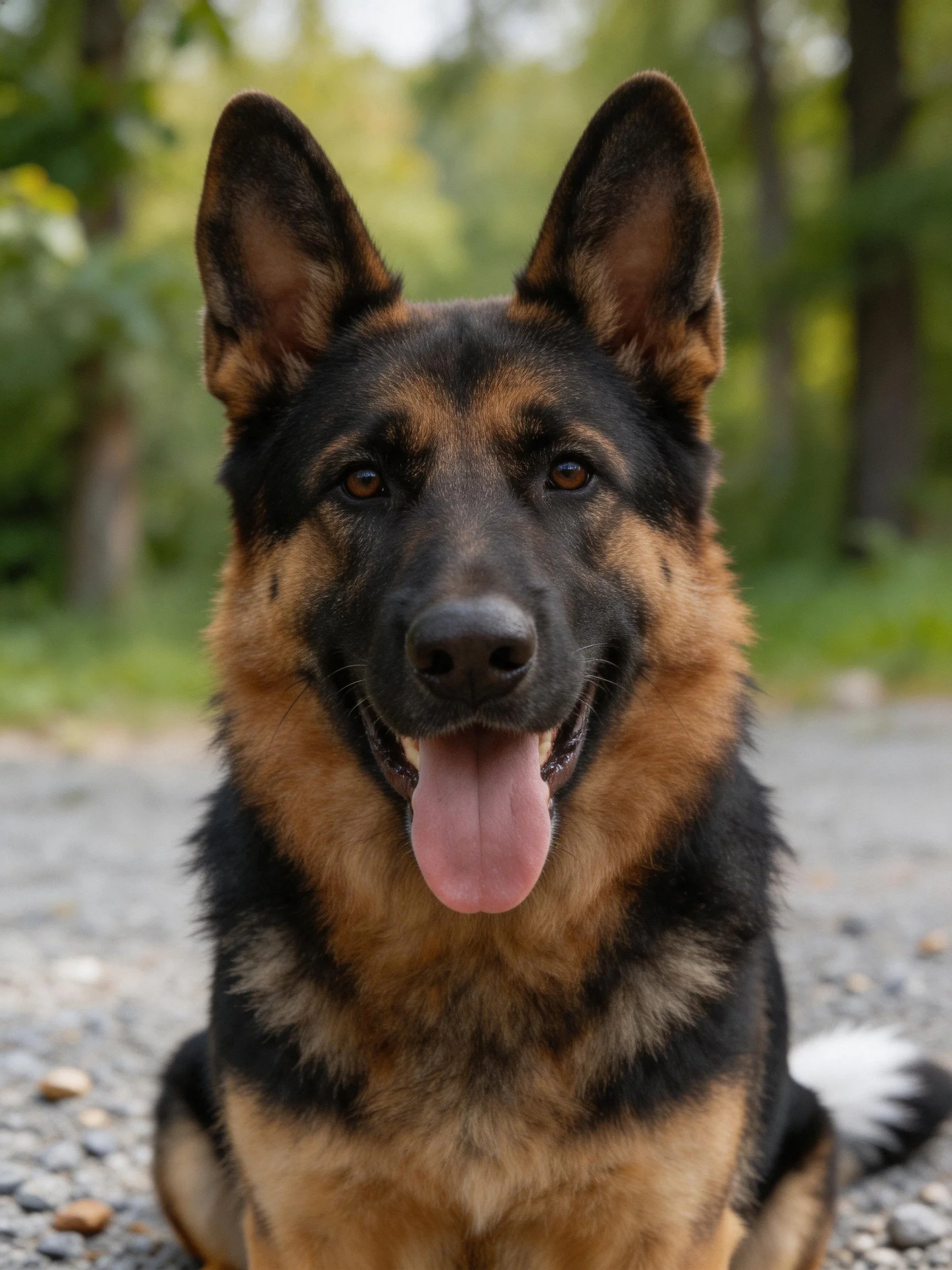 A German Shepherd dog with black and tan fur sitting outdoors