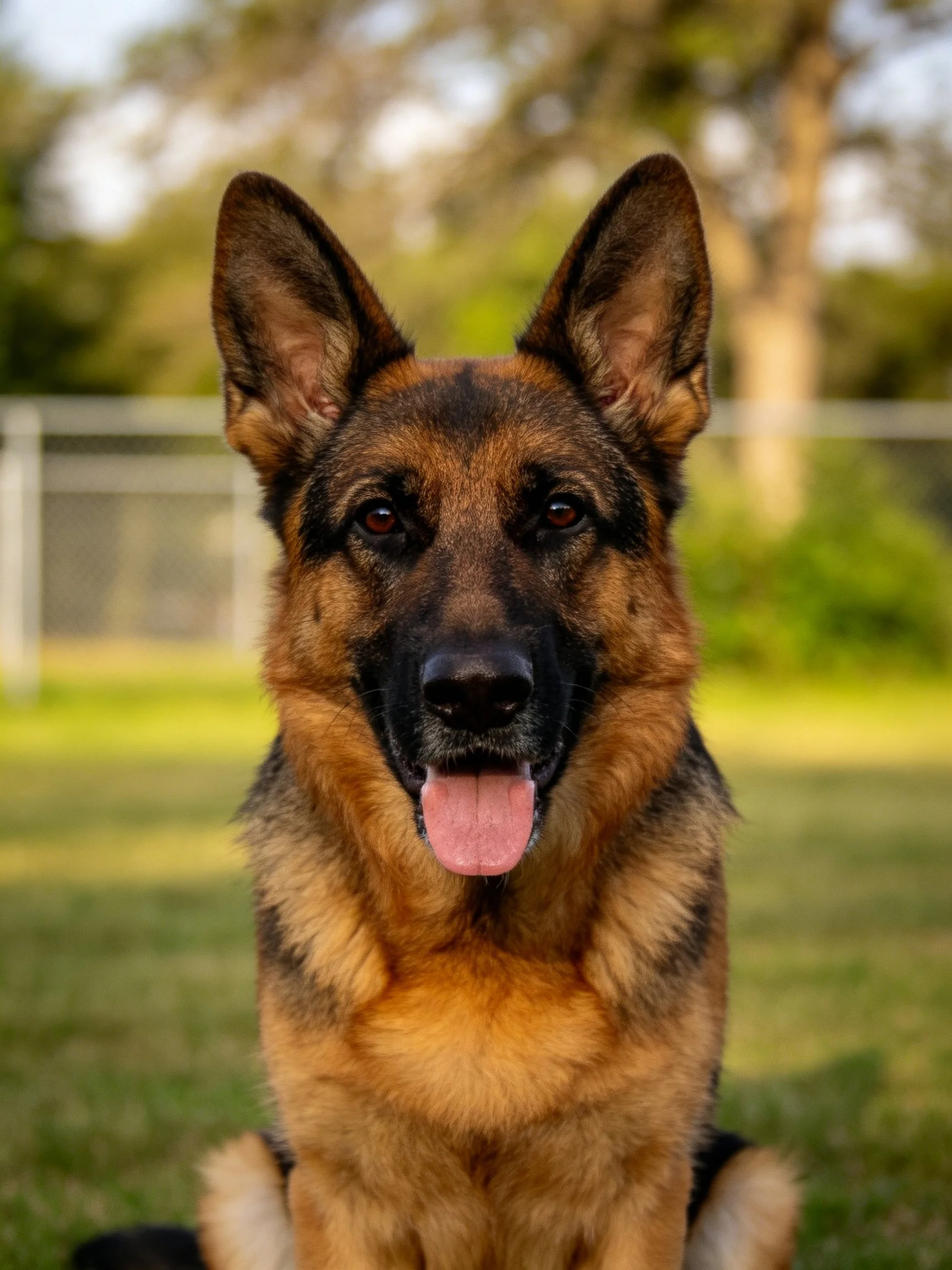 A German Shepherd dog sits calmly outdoors with its tongue out.
