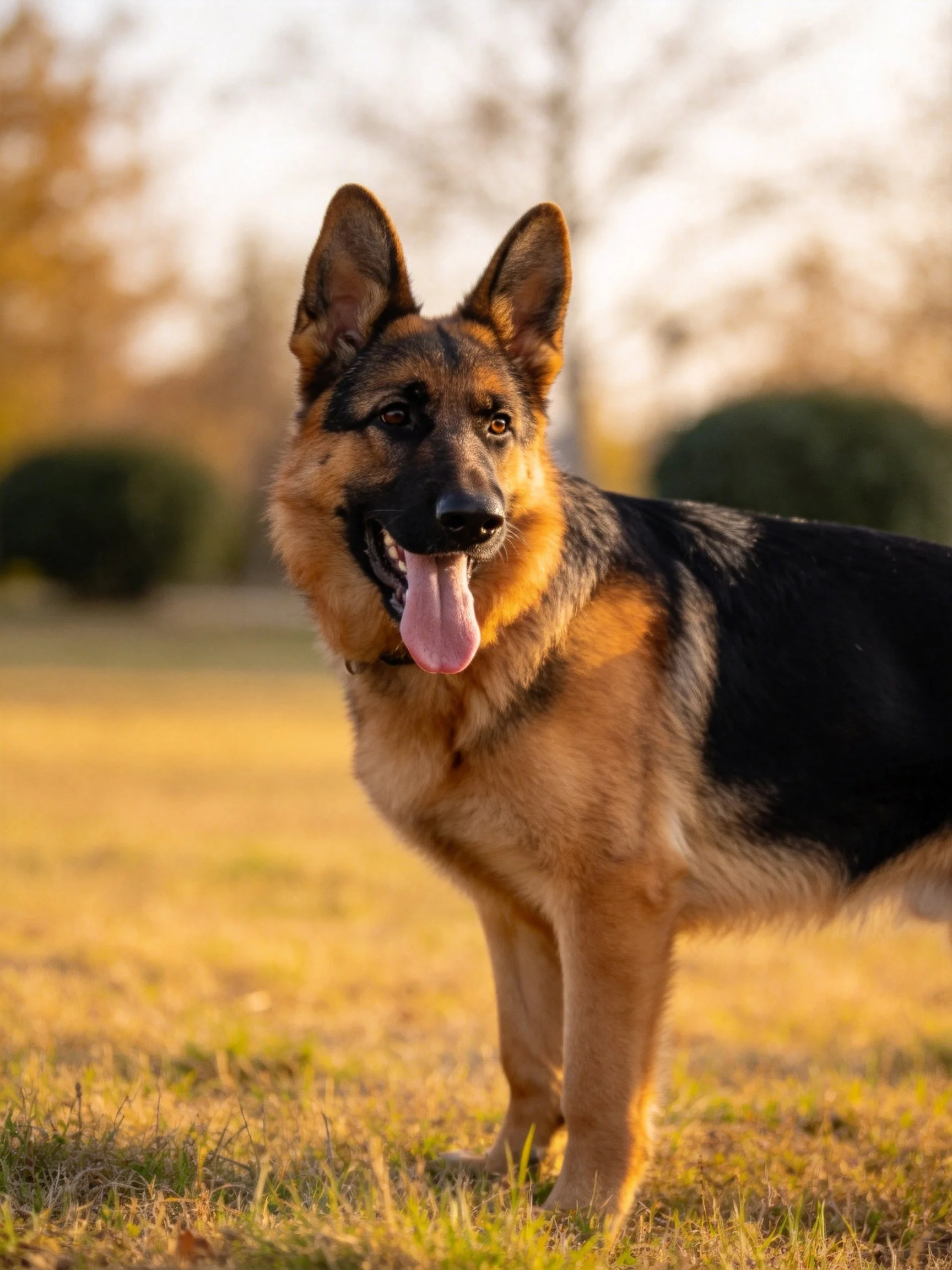 A German Shepherd dog stands on grass in a sunlit outdoor setting.
