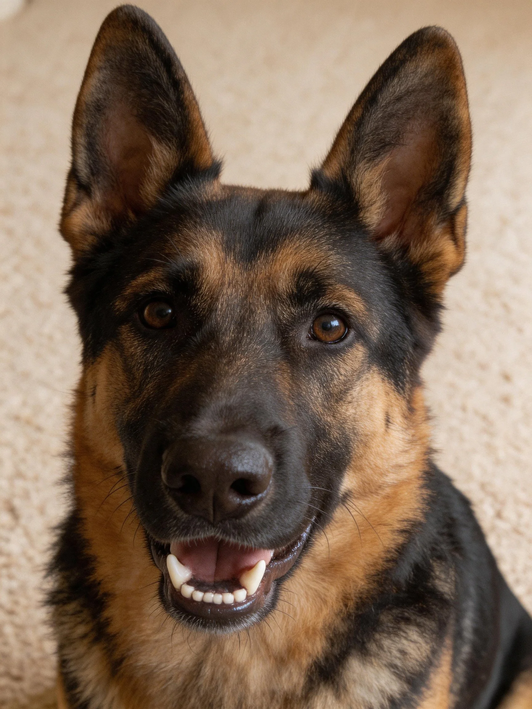 A German Shepherd dog with an alert expression sits on a carpet.