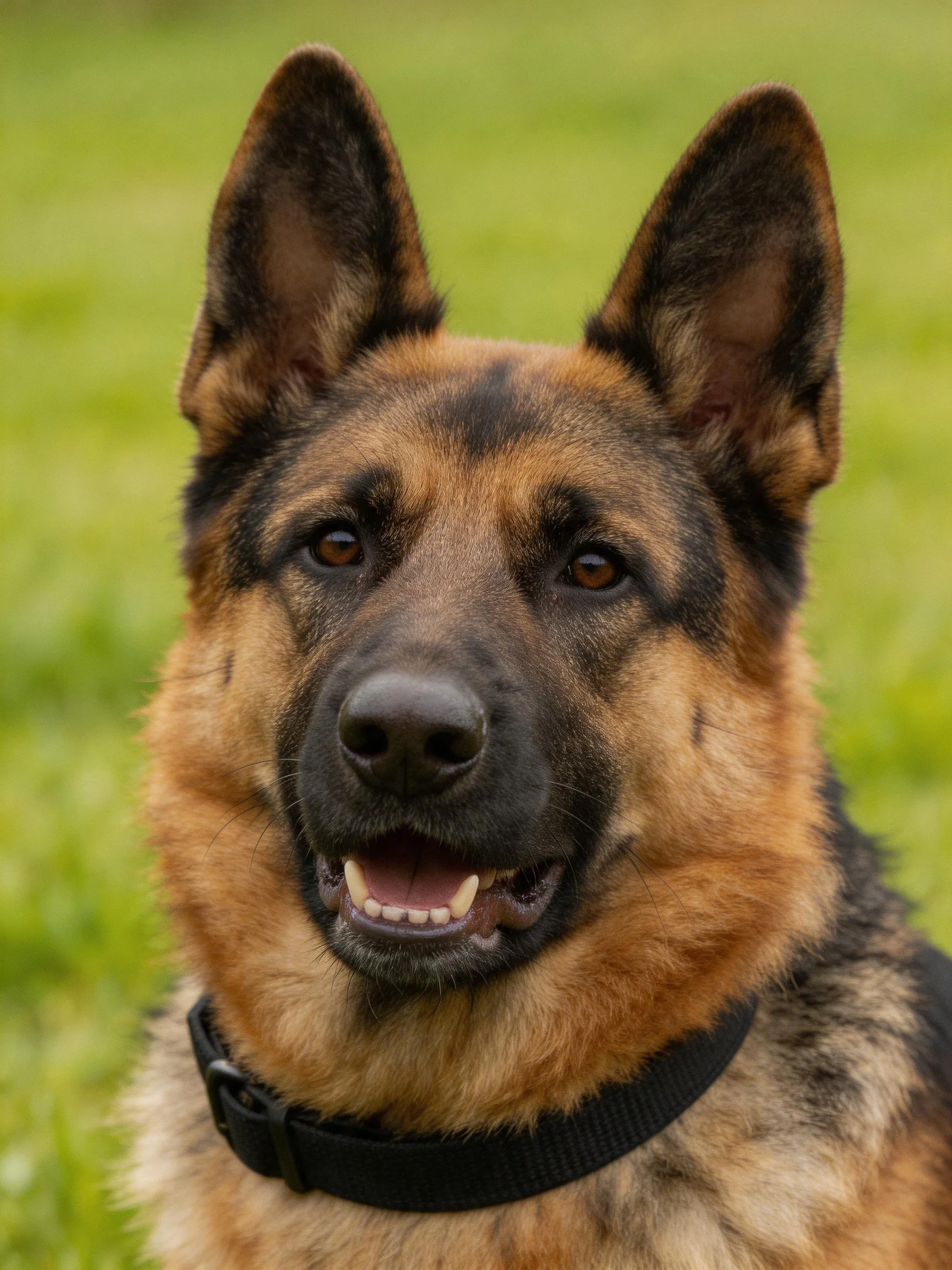A German Shepherd dog with upright ears and a collar stands outdoors.