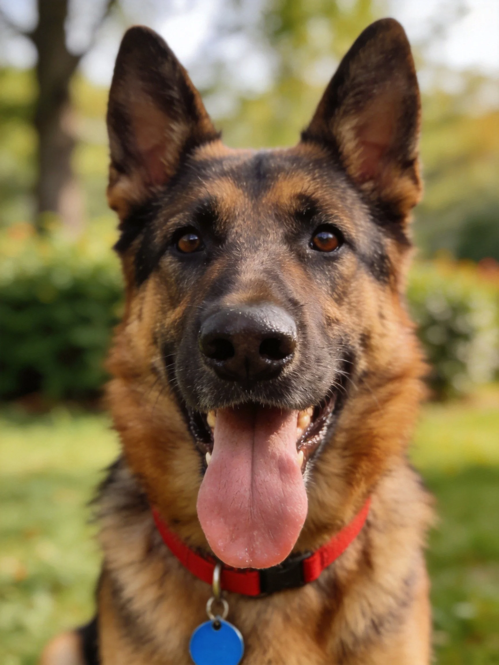 A German Shepherd dog with a redcollar appears content in an outdoor setting.